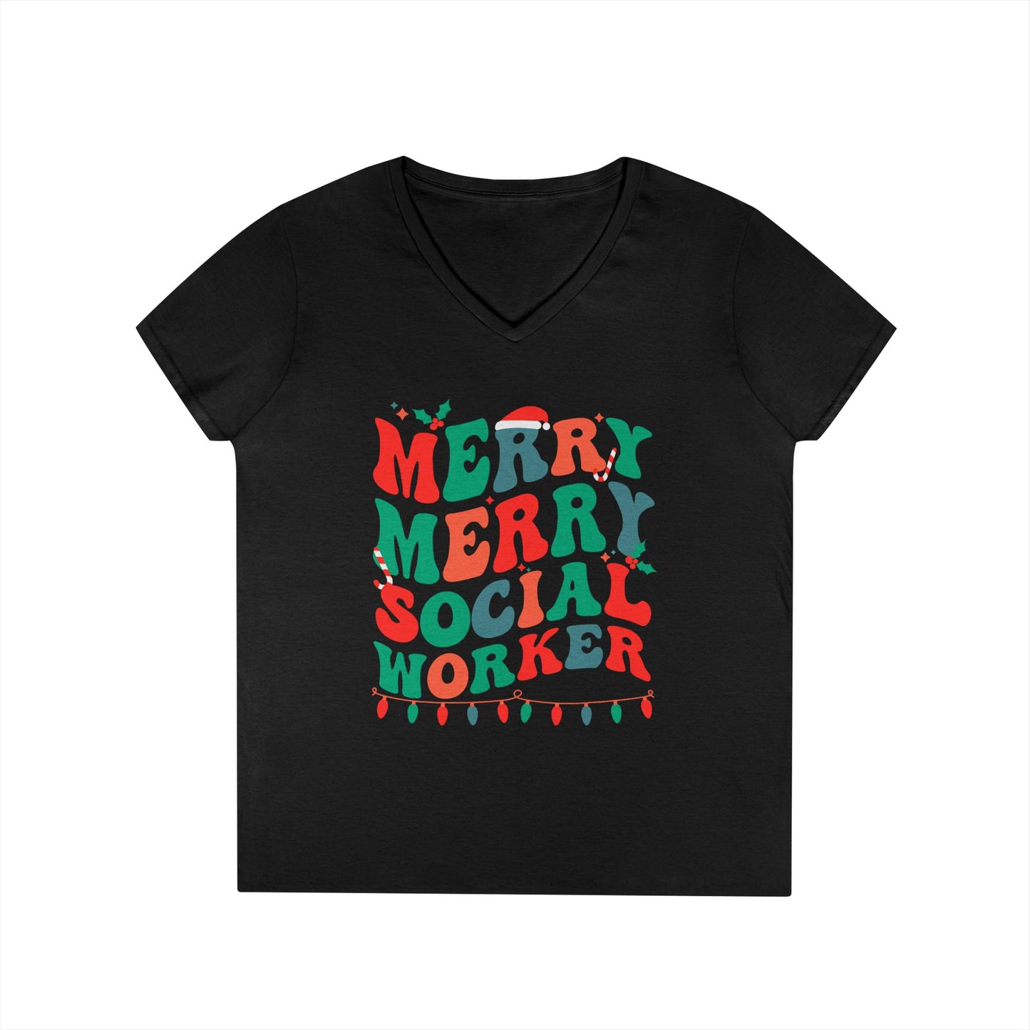Merry Merry Social Worker V-Neck Tee — Holiday Christmas Shirt for Social Workers
