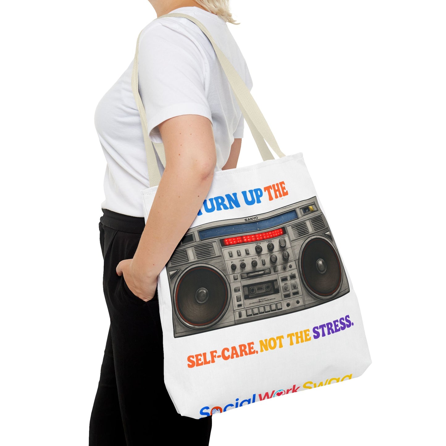 Turn Up the Self-Care Tote Bag — Retro Boombox 'Self-Care, Not the Stress' (Mental Health/Social Worker)