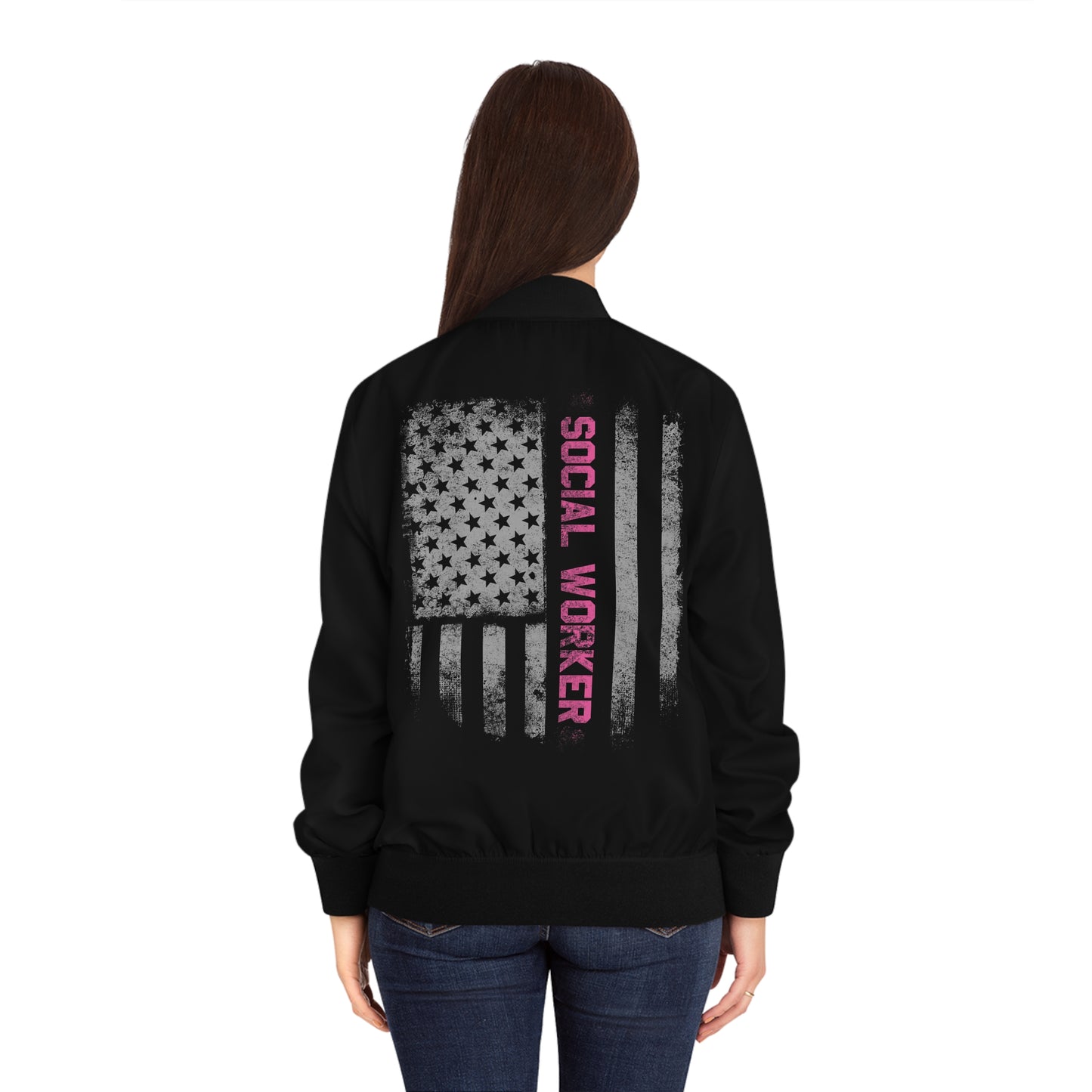 Social Worker Bomber Jacket – Distressed Flag Design (Black)
