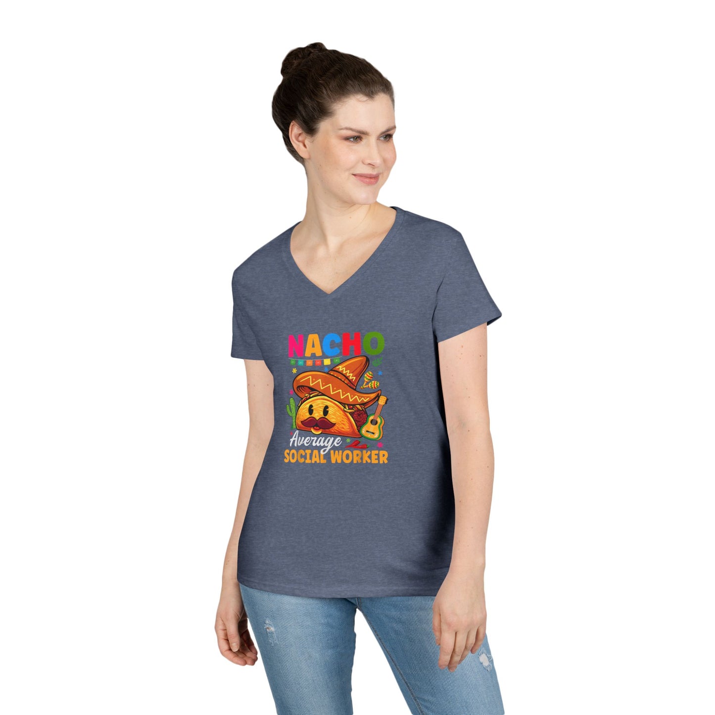 Ladies' V-Neck T-Shirt — "Nacho Average Social Worker" Funny Mexican Food Graphic Tee