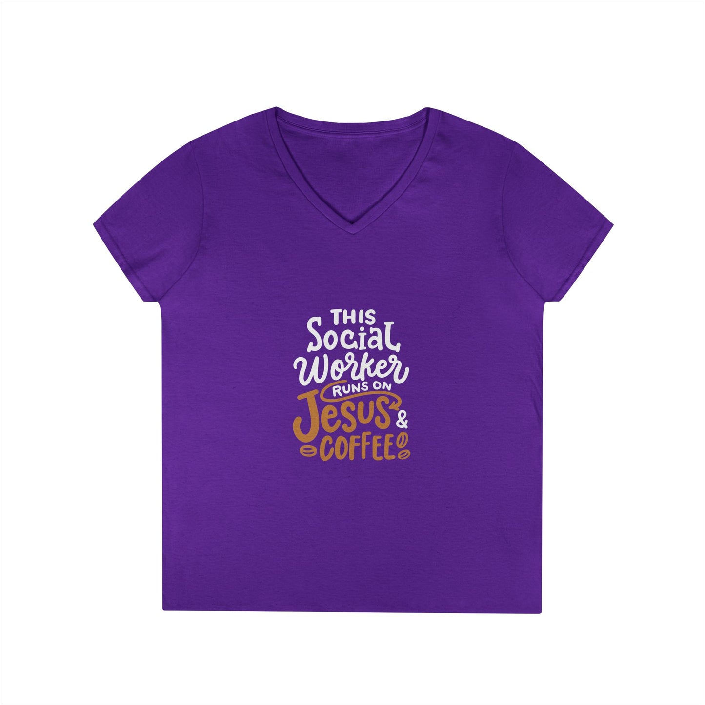 Ladies' V-Neck T-Shirt — "This Social Worker Runs on Jesus & Coffee" Christian Social Worker Tee