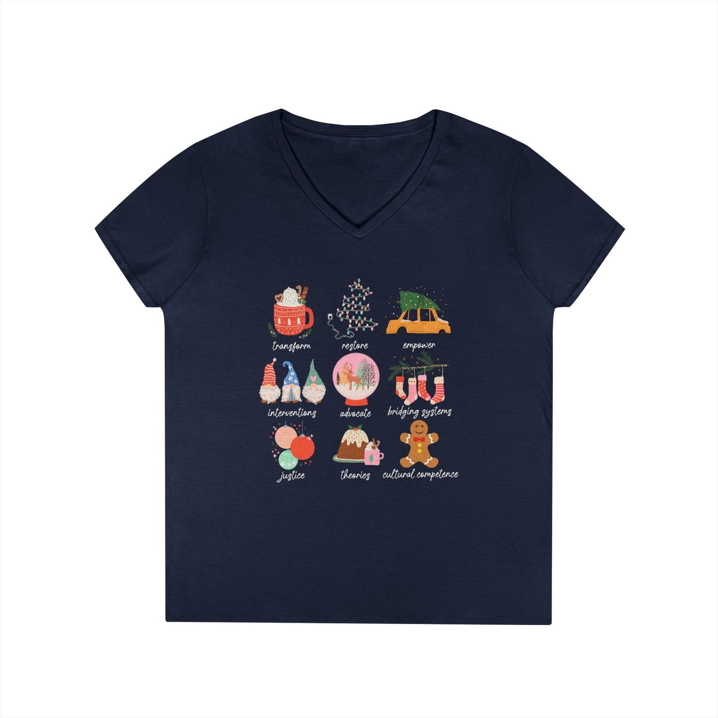 Christmas Icons Ladies' V-Neck T-Shirt — Cute Holiday Graphic Tee (Santa, Tree, Ornaments)
