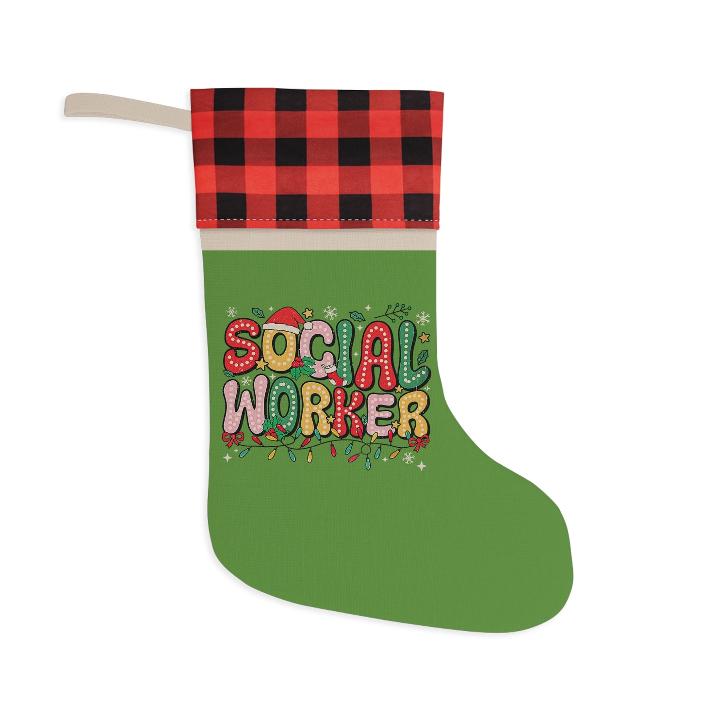 Social Worker Christmas Stocking — Green Buffalo Plaid Holiday Stocking