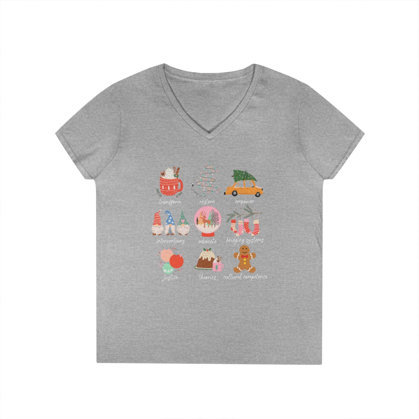 Christmas Icons Ladies' V-Neck T-Shirt — Cute Holiday Graphic Tee (Santa, Tree, Ornaments)