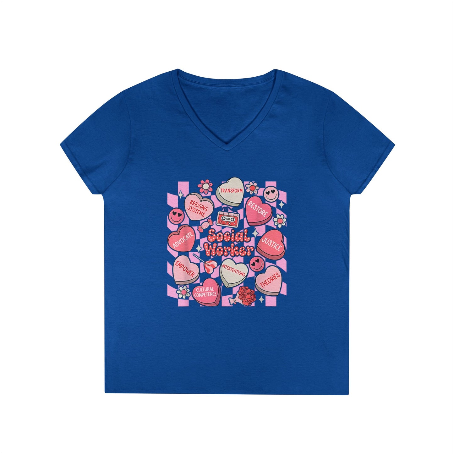 Valentine Candy Hearts Ladies' V-Neck T-Shirt — Sweetheart Messages Graphic Tee - Social Worker