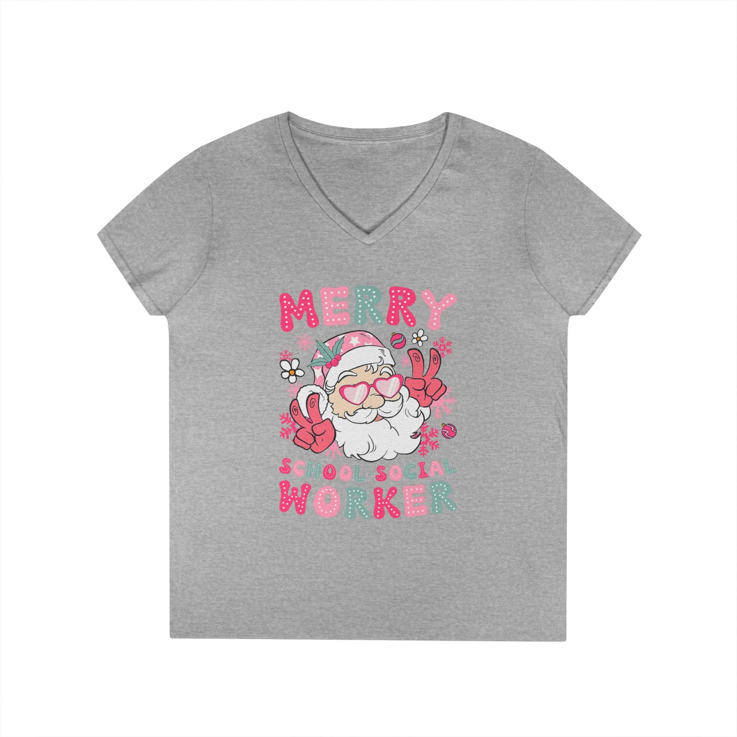 Merry School Social Worker V-Neck Tee — Cute Santa Holiday Shirt for Female Educators