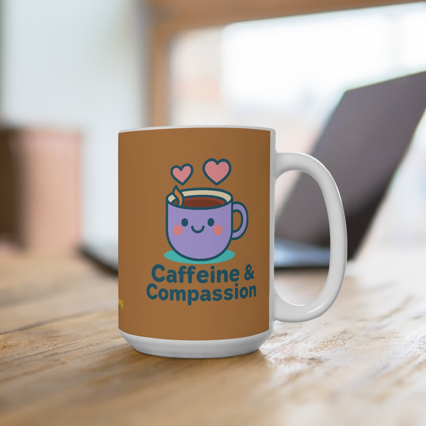 Caffeine & Compassion 15oz Coffee Mug — Cute Kawaii Cup Gift for Caregivers (Matches Coffee!)