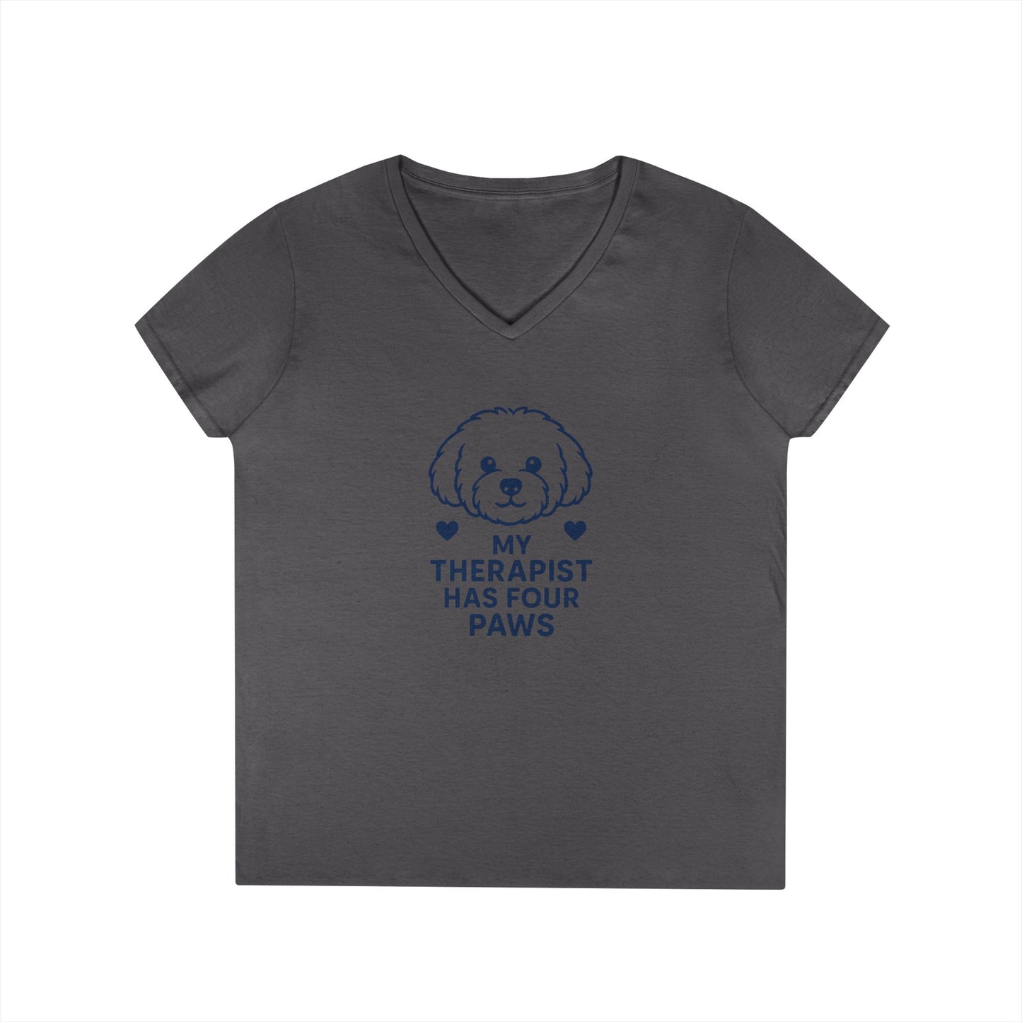 Dog Lover V-Neck Pet Tee — “My Therapist Has Four Paws” Women’s T‑Shirt