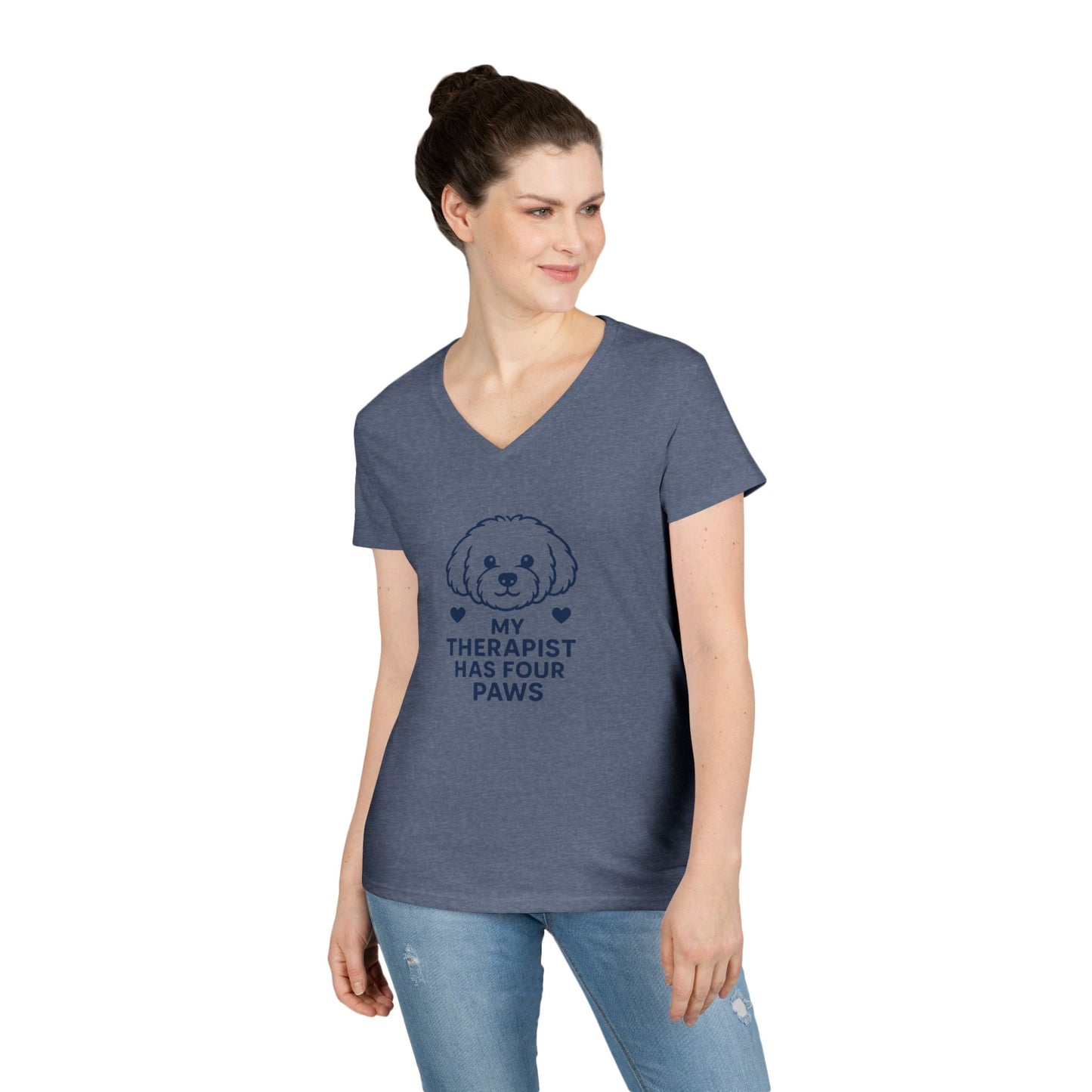 Dog Lover V-Neck Pet Tee — “My Therapist Has Four Paws” Women’s T‑Shirt