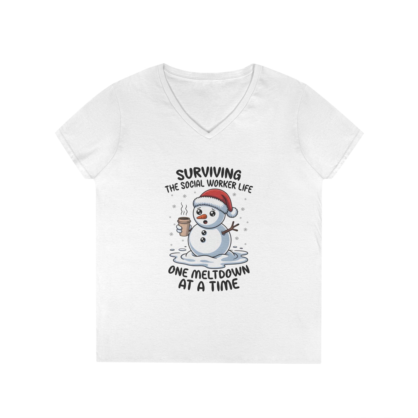 Social Worker Snowman V-Neck T-Shirt — "Surviving the Social Worker Life One Meltdown at a Time"