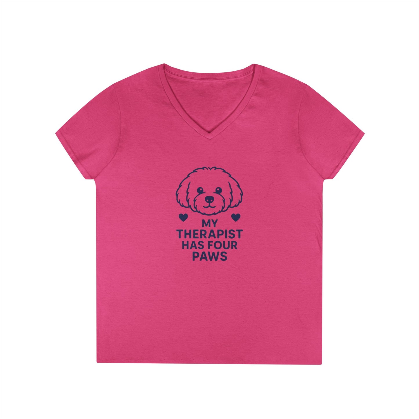 Dog Lover V-Neck Pet Tee — “My Therapist Has Four Paws” Women’s T‑Shirt
