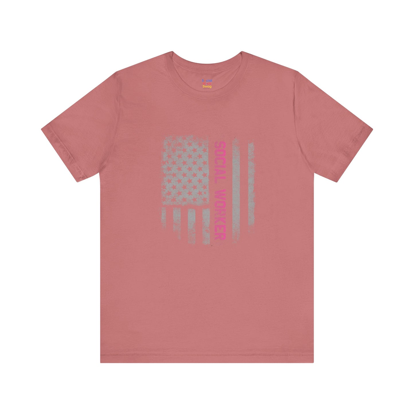 Unisex-Social Worker American Flag T-Shirt — Distressed Gray & Pink Honor Tee