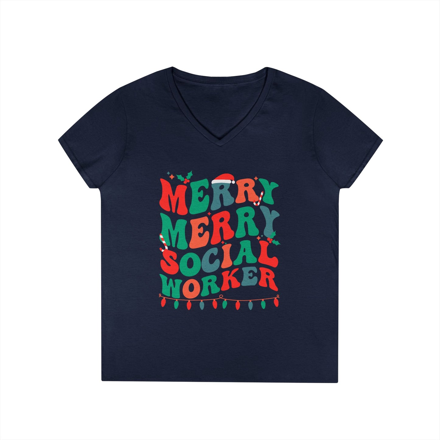 Merry Merry Social Worker V-Neck Tee — Holiday Christmas Shirt for Social Workers