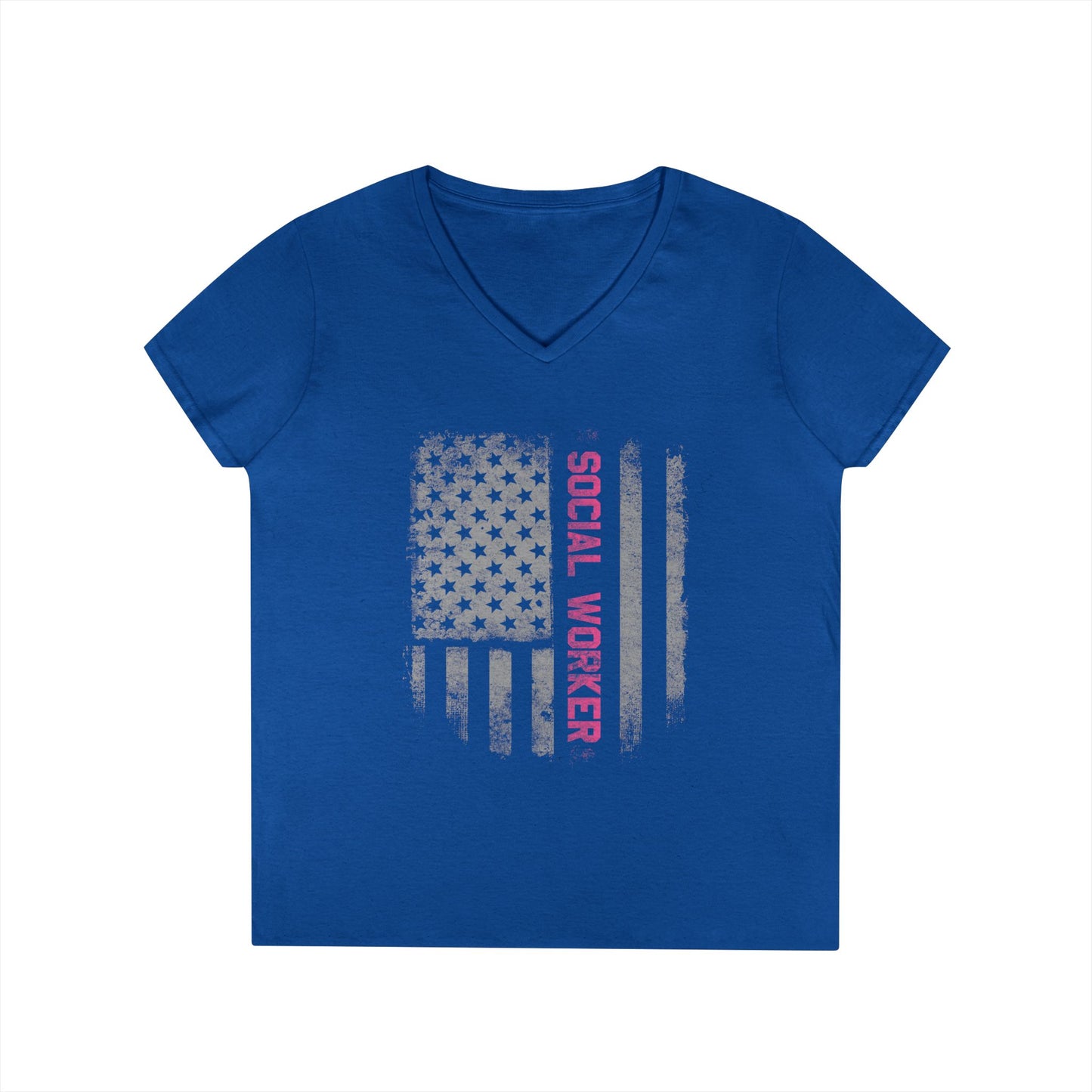 Social Worker V-Neck T-Shirt — Distressed American Flag Design