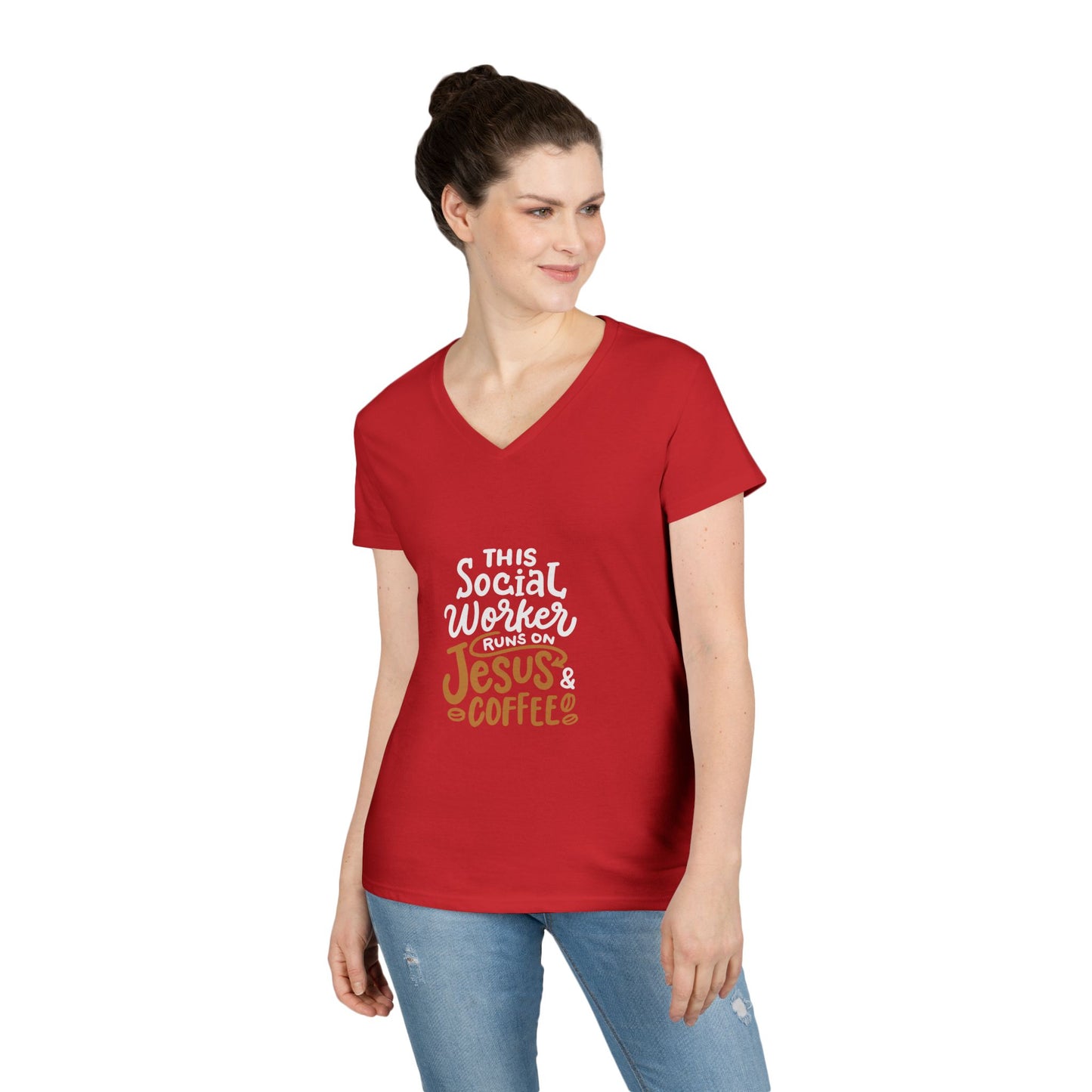 Ladies' V-Neck T-Shirt — "This Social Worker Runs on Jesus & Coffee" Christian Social Worker Tee