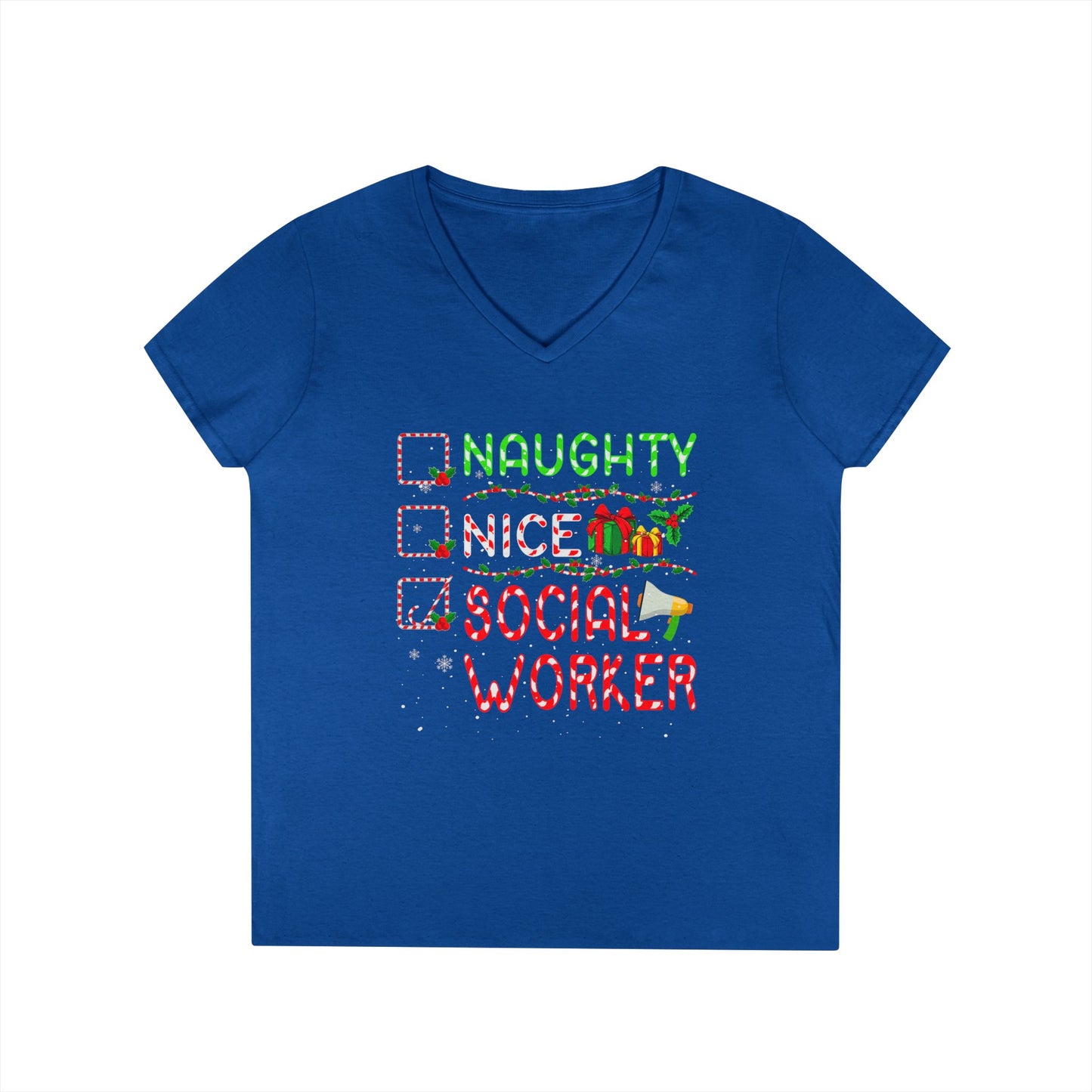 Social Worker Christmas V-Neck T-Shirt — Naughty Nice Social Worker Holiday Tee