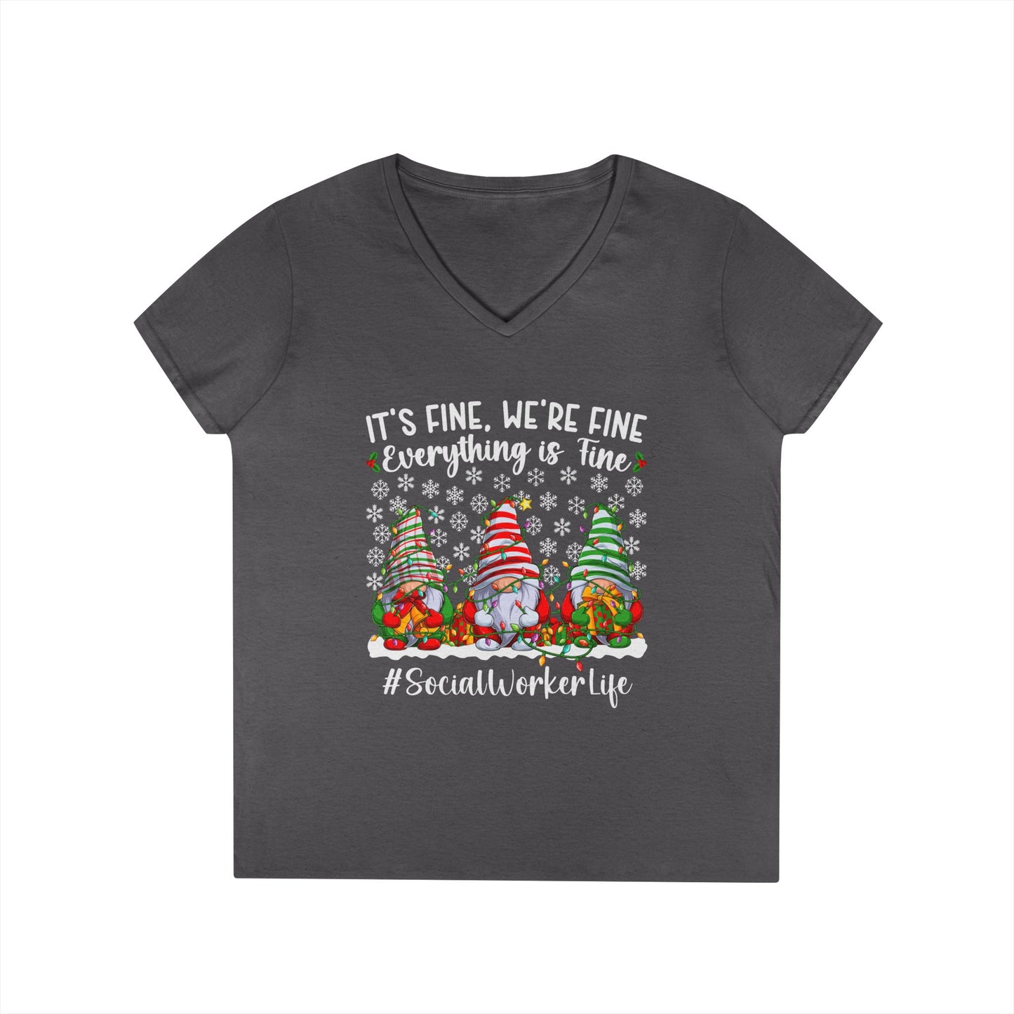 Social Worker Life Christmas V-Neck Tee — "It's Fine, We're Fine" Gnome Holiday Shirt