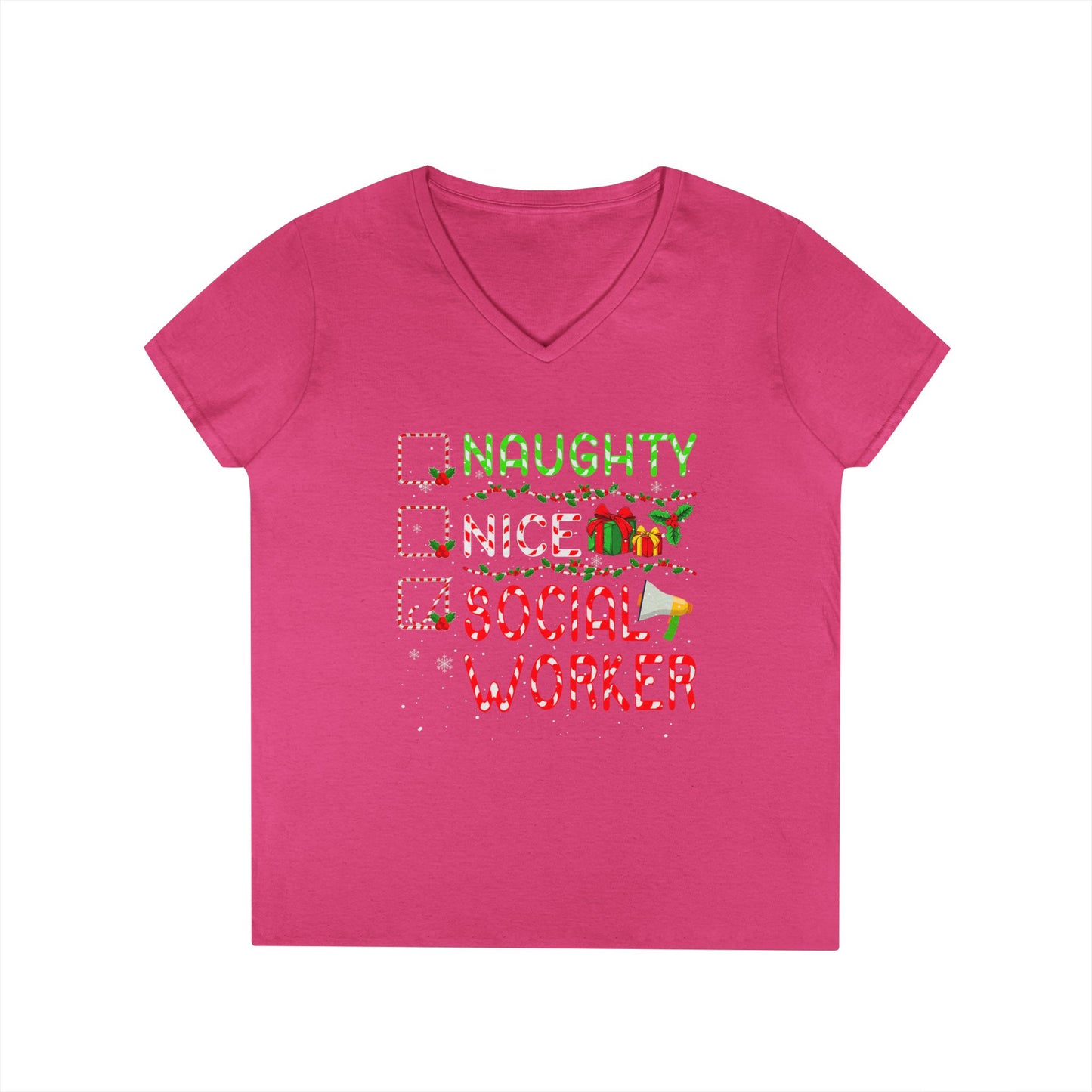 Social Worker Christmas V-Neck T-Shirt — Naughty Nice Social Worker Holiday Tee