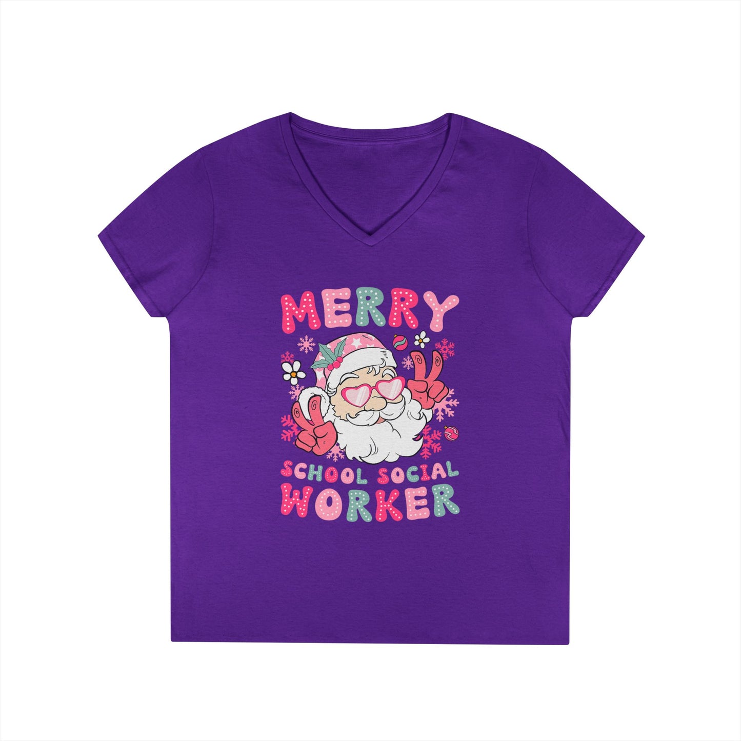 Merry School Social Worker V-Neck Tee — Cute Santa Holiday Shirt for Female Educators