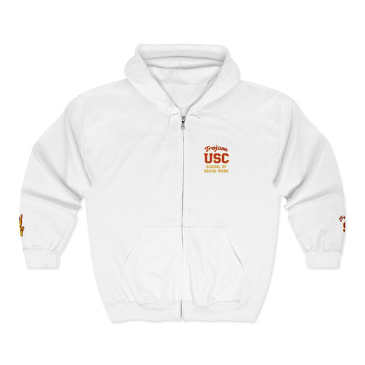 USC School of Social Work- Full-Zip Hoodie – Chest & Sleeve Logo Zip-Up Sweatshirt