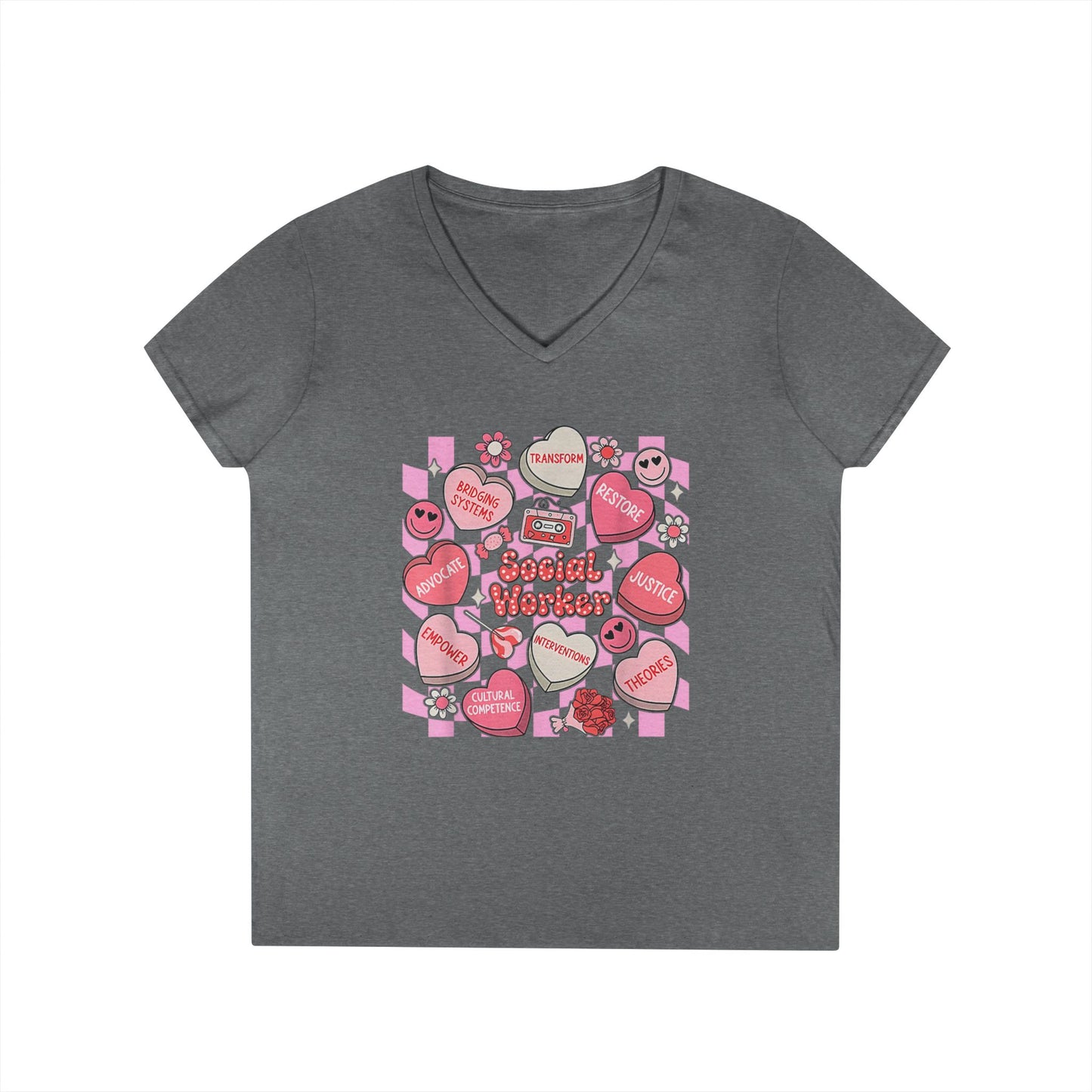 Valentine Candy Hearts Ladies' V-Neck T-Shirt — Sweetheart Messages Graphic Tee - Social Worker