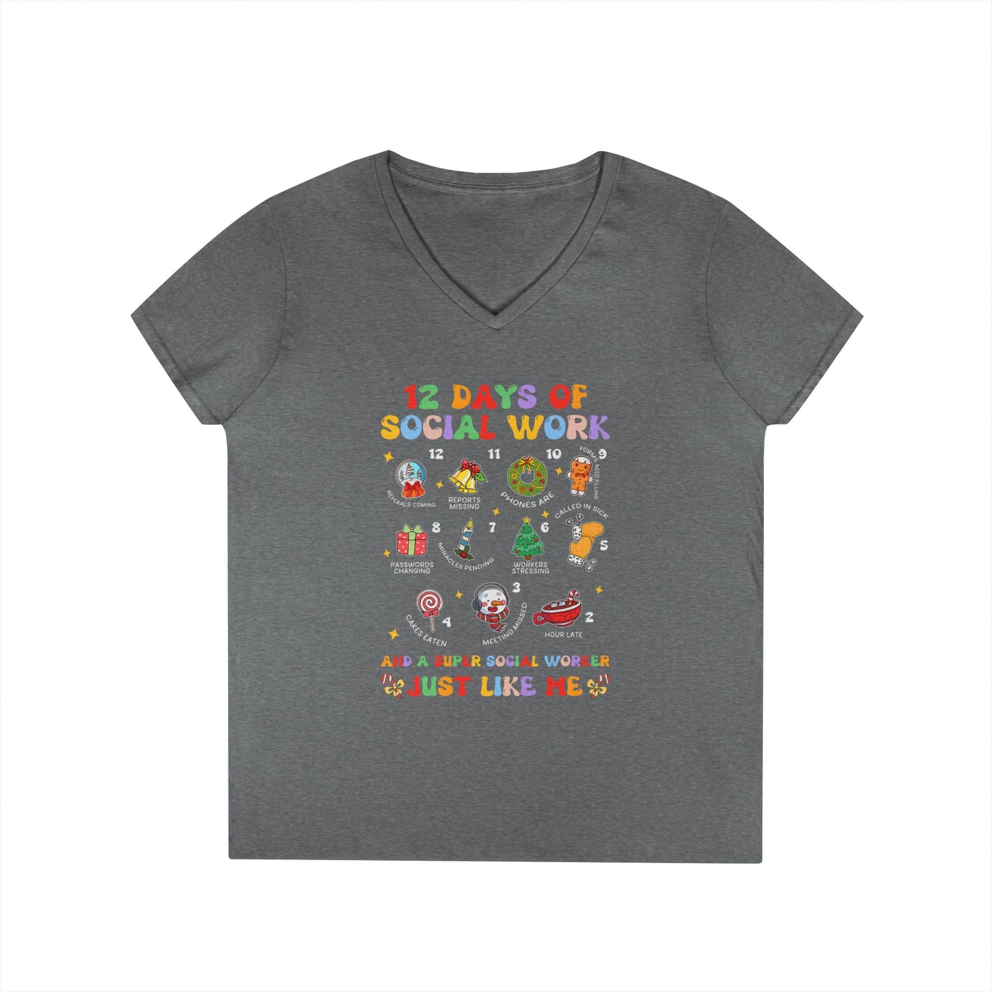Ladies' V-Neck T-Shirt — "12 Days of Social Work" Holiday Graphic Tee