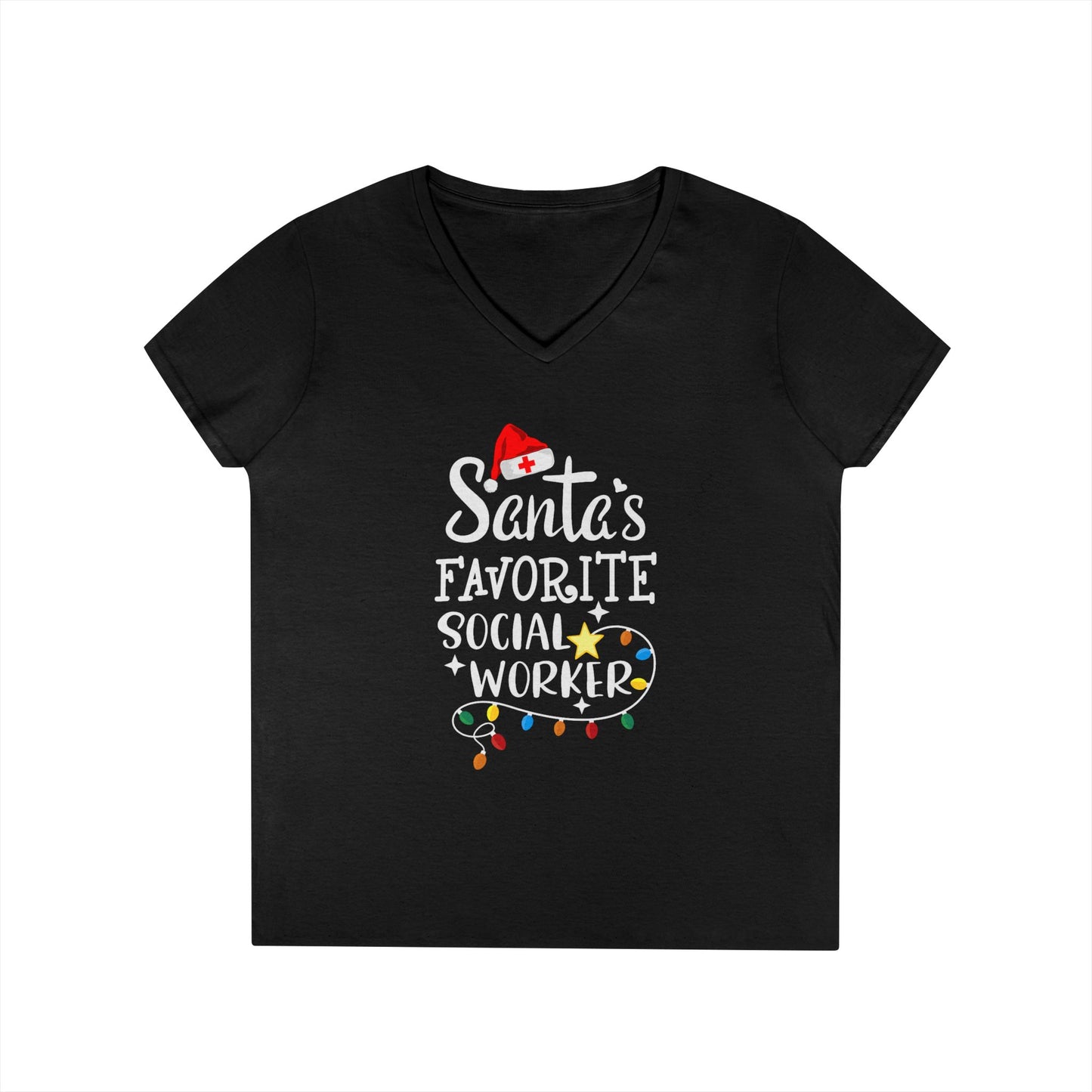 Christmas V-Neck Tee — "Santa’s Favorite Social Worker" Holiday T-Shirt - Medical Social Work