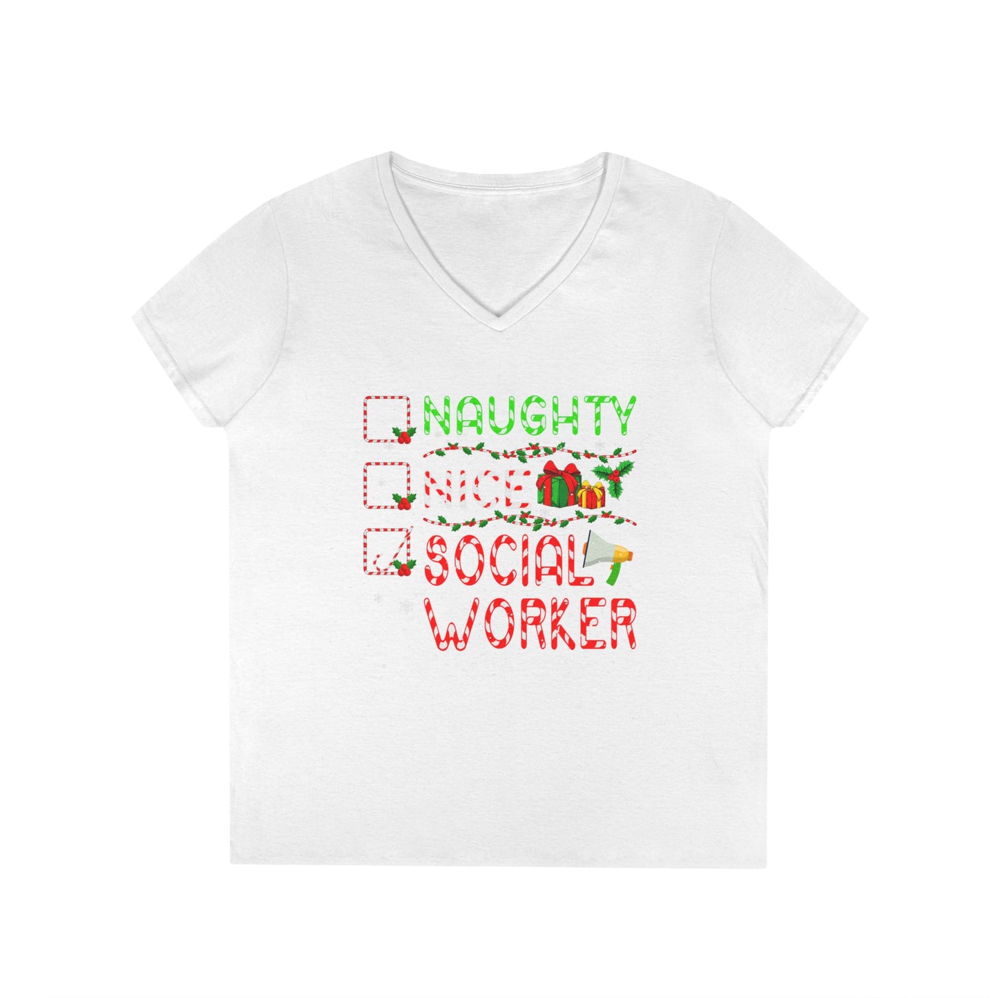 Social Worker Christmas V-Neck T-Shirt — Naughty Nice Social Worker Holiday Tee