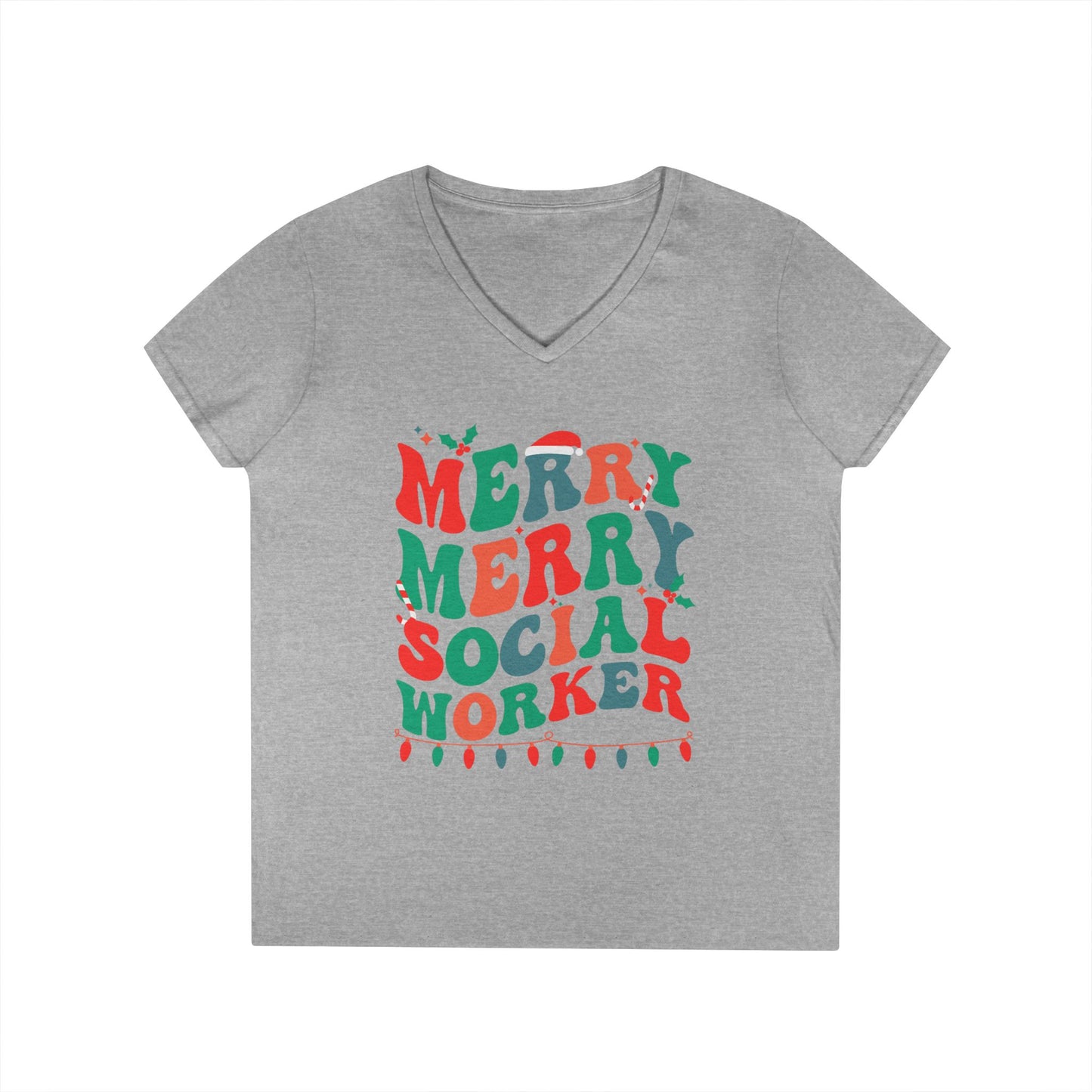Merry Merry Social Worker V-Neck Tee — Holiday Christmas Shirt for Social Workers