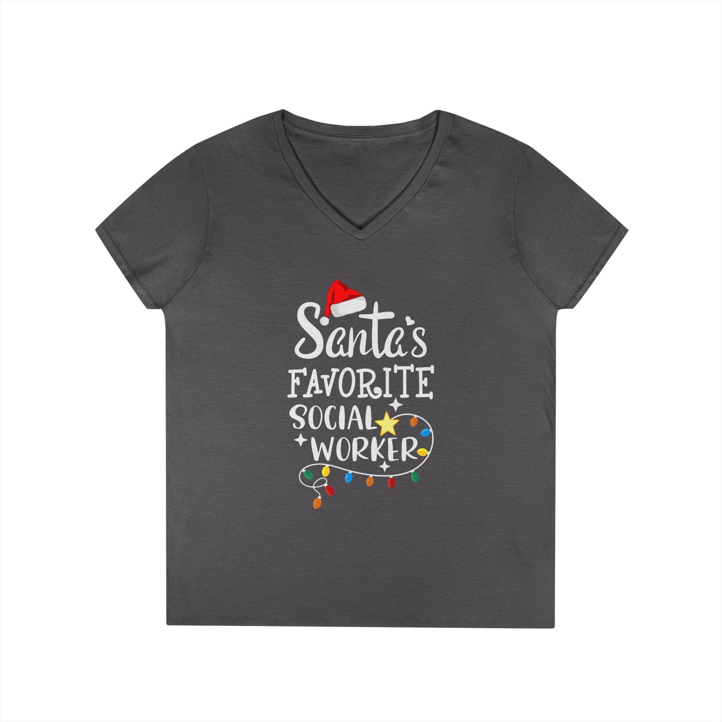 Santa’s Favorite Social Worker V-Neck Tee — Christmas Holiday Gift for Female Social Workers