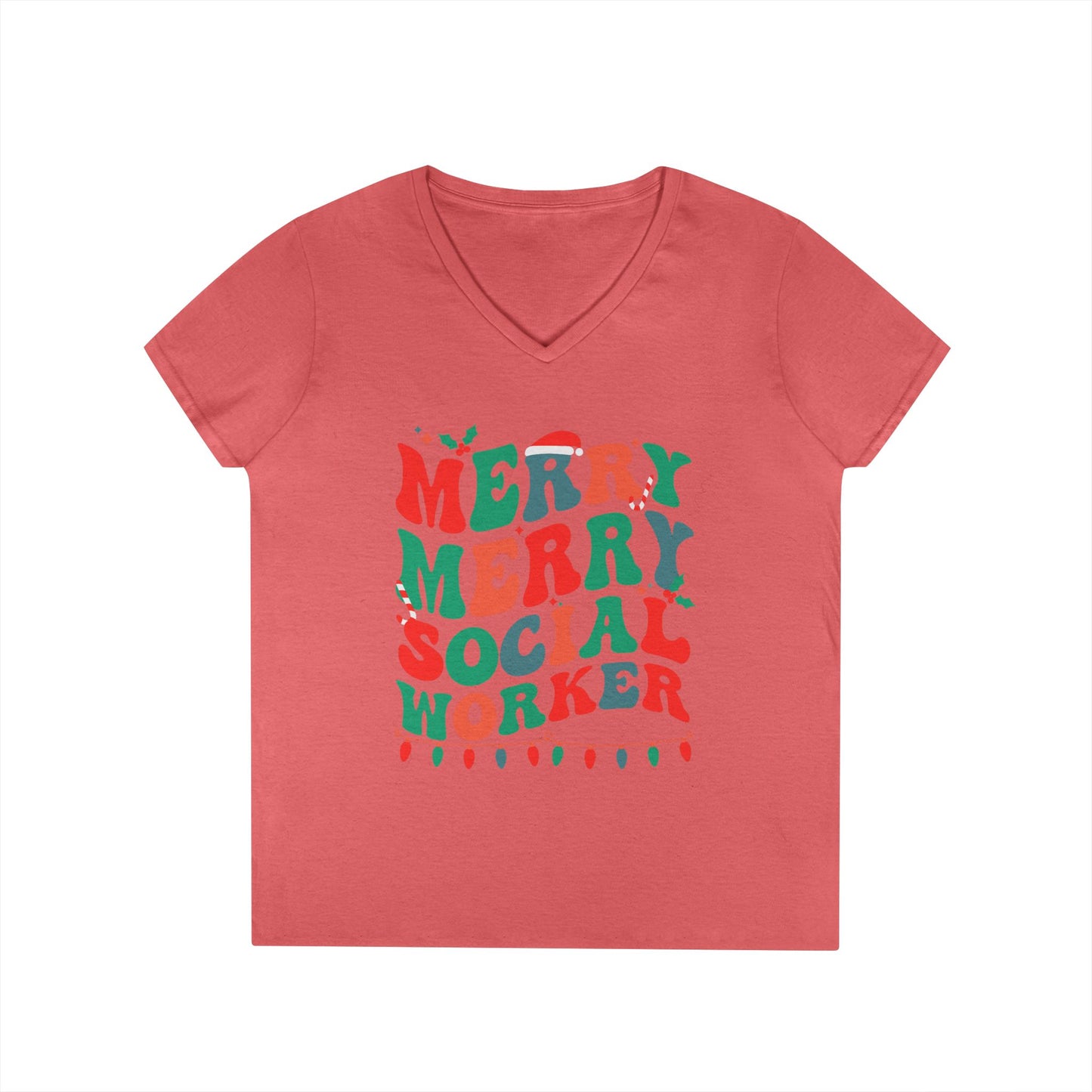Merry Merry Social Worker V-Neck Tee — Holiday Christmas Shirt for Social Workers