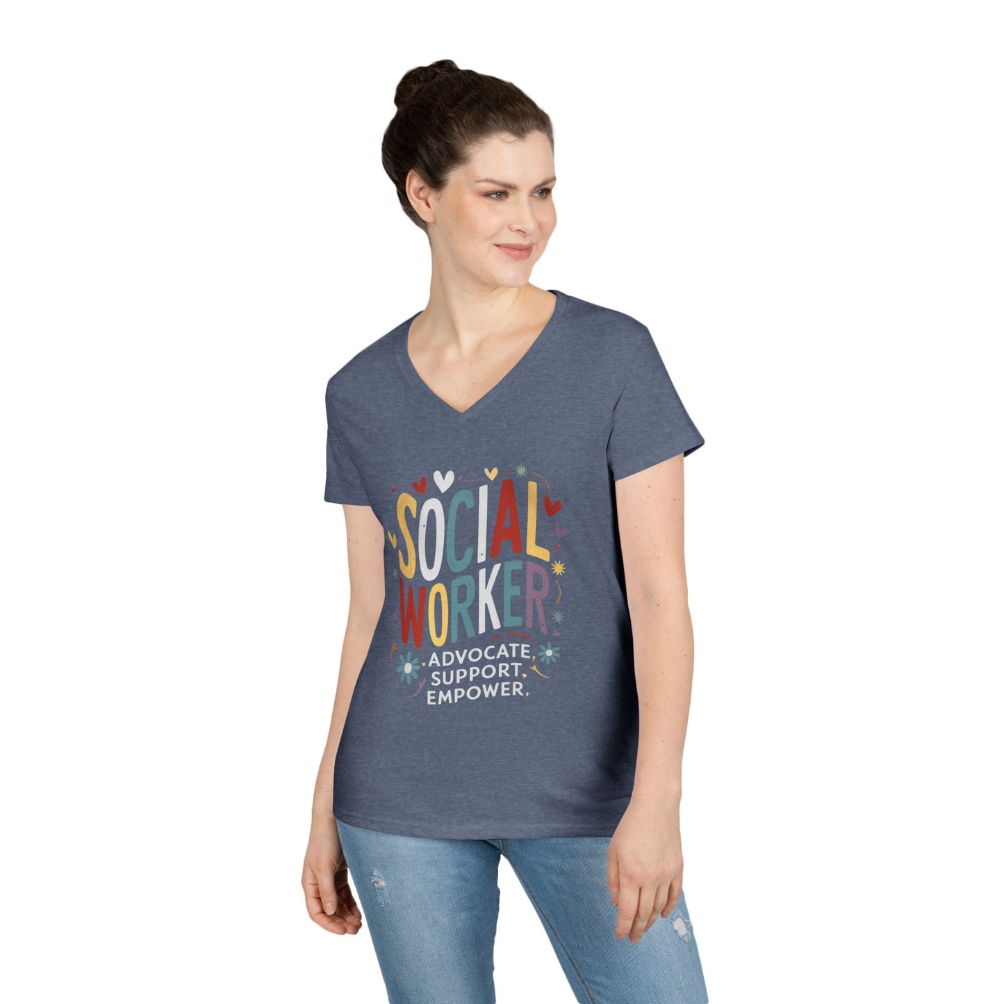 Social Worker V-Neck Tee — "Social Worker: Advocate. Support. Empower."