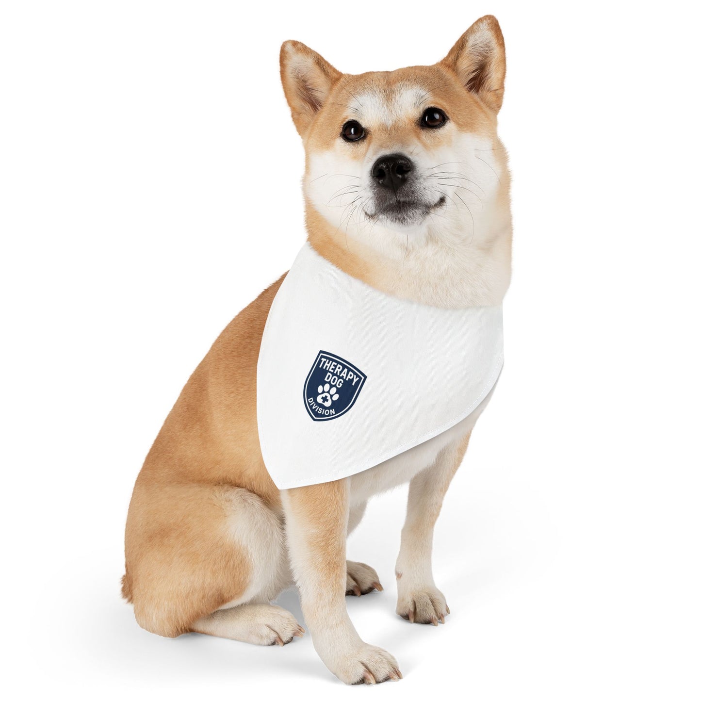 Therapy Dog Bandana Collar — White Pet Bandana with Shield Patch