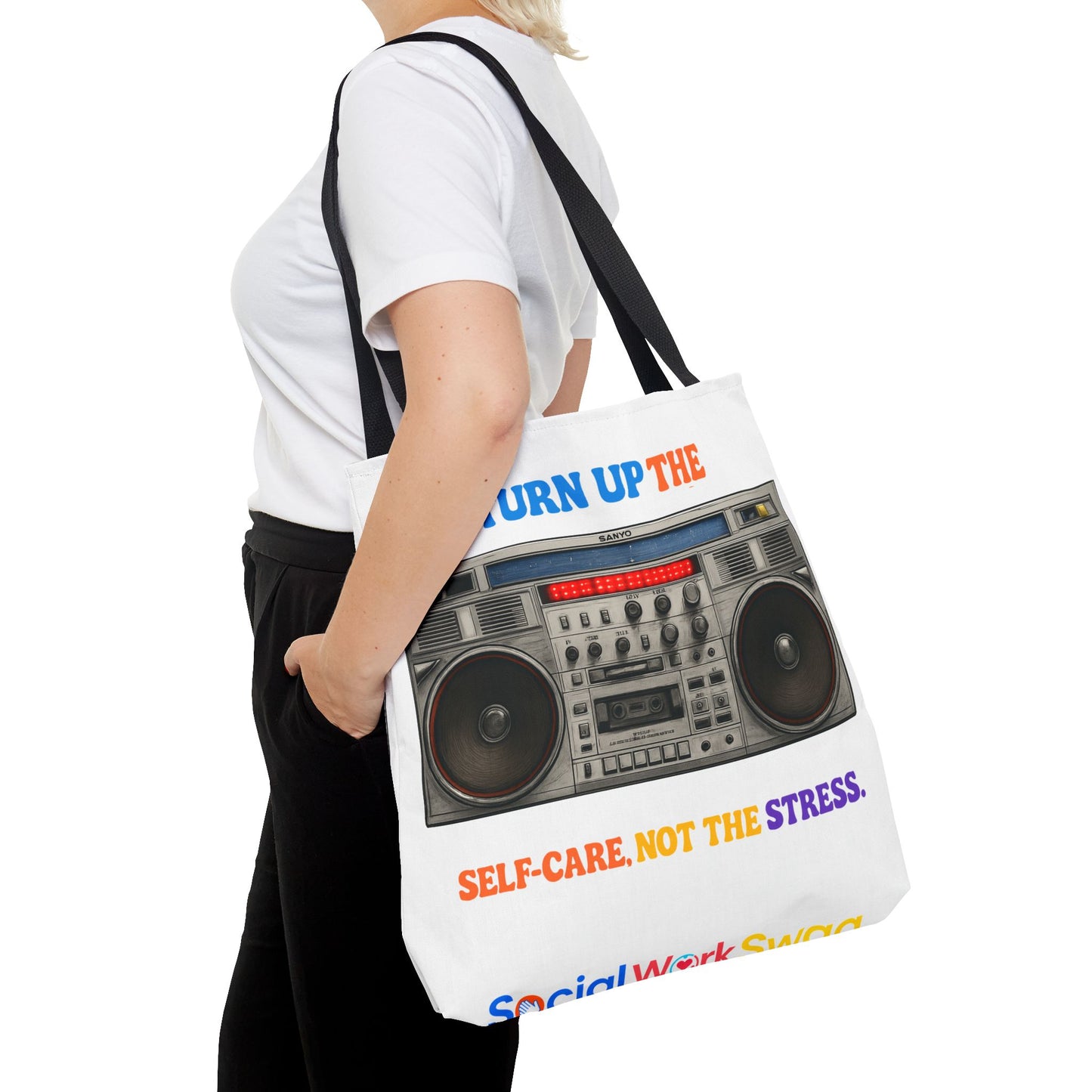 Turn Up the Self-Care Tote Bag — Retro Boombox 'Self-Care, Not the Stress' (Mental Health/Social Worker)