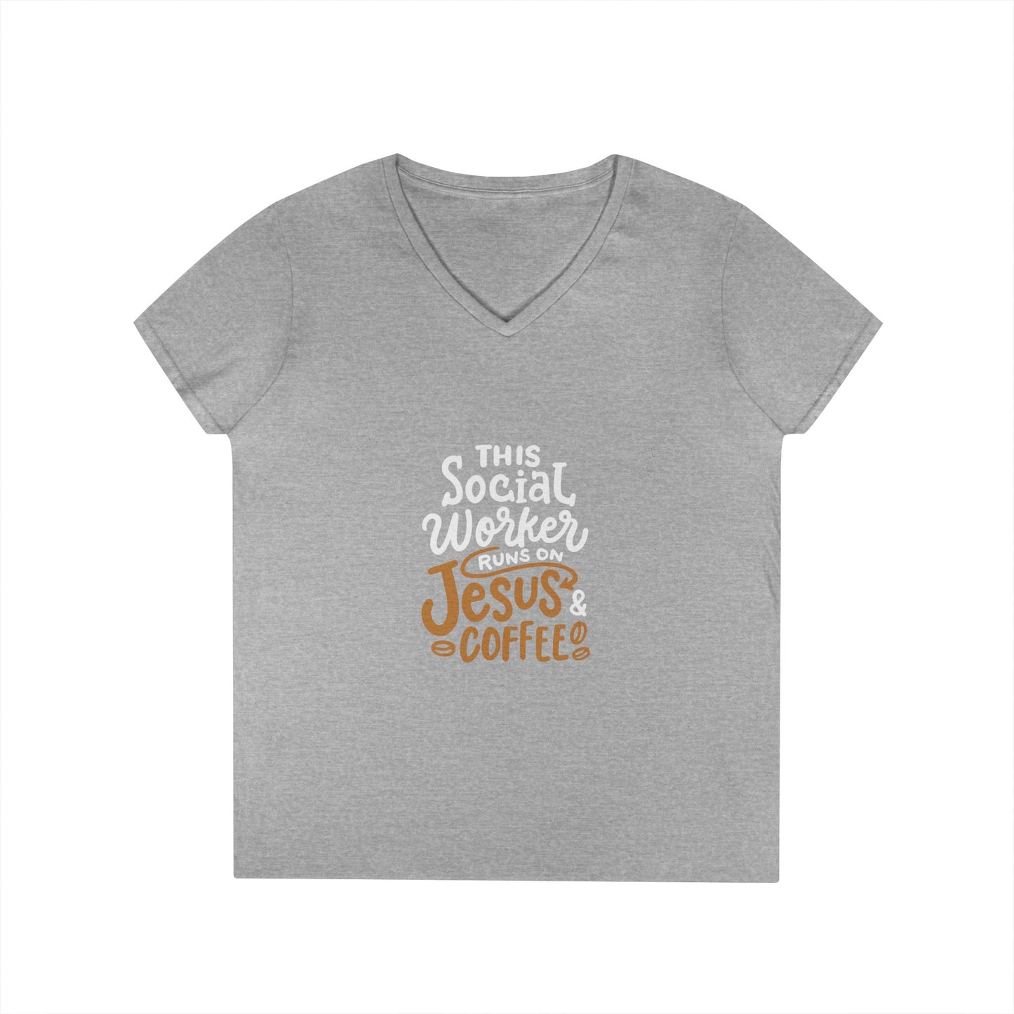 Ladies' V-Neck T-Shirt — "This Social Worker Runs on Jesus & Coffee" Christian Social Worker Tee