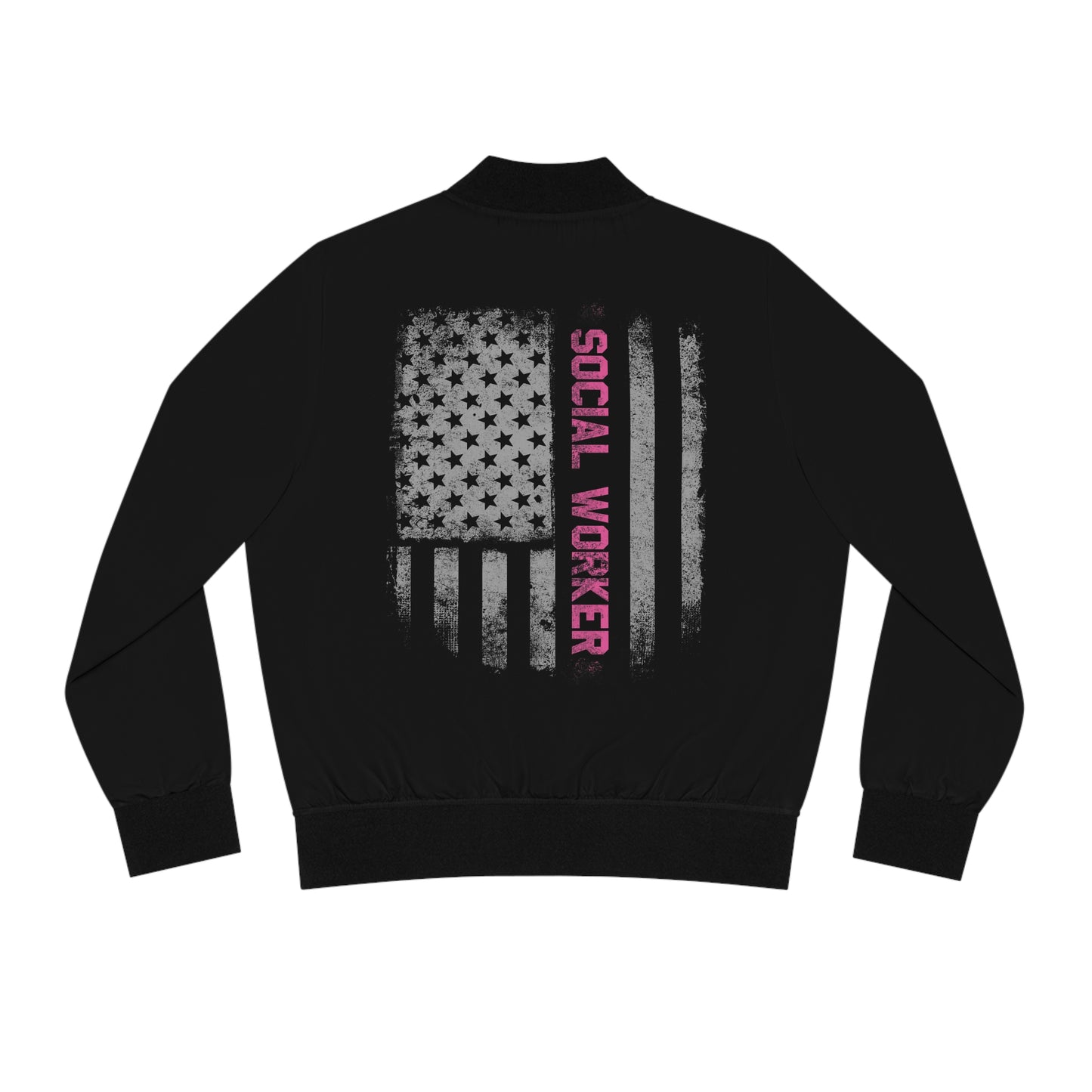 Social Worker Bomber Jacket – Distressed Flag Design (Black)