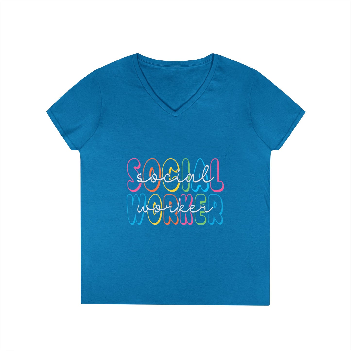 Social Worker V-Neck T-Shirt — Colorful Retro Script Women’s Tee