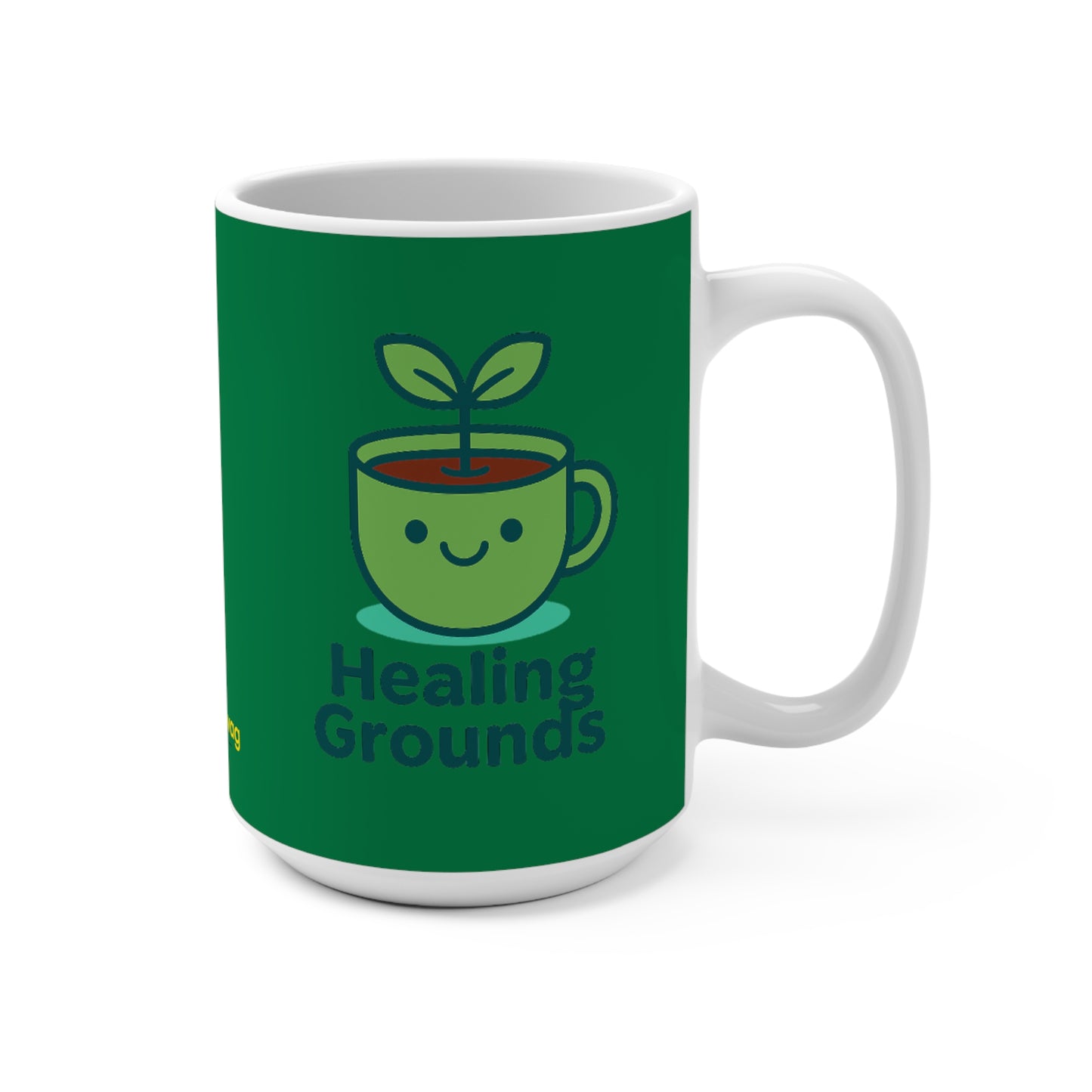Healing Grounds Mug — 15oz Green Ceramic Coffee Cup with Plant-Love Design