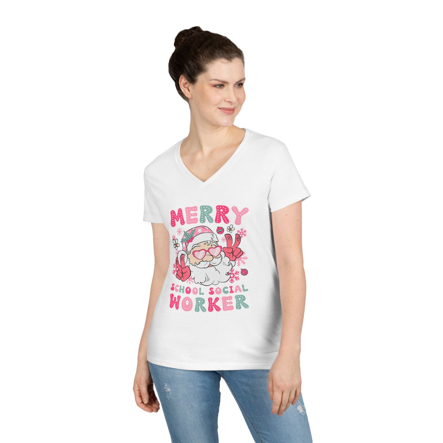 Merry School Social Worker V-Neck Tee — Cute Santa Holiday Shirt for Female Educators