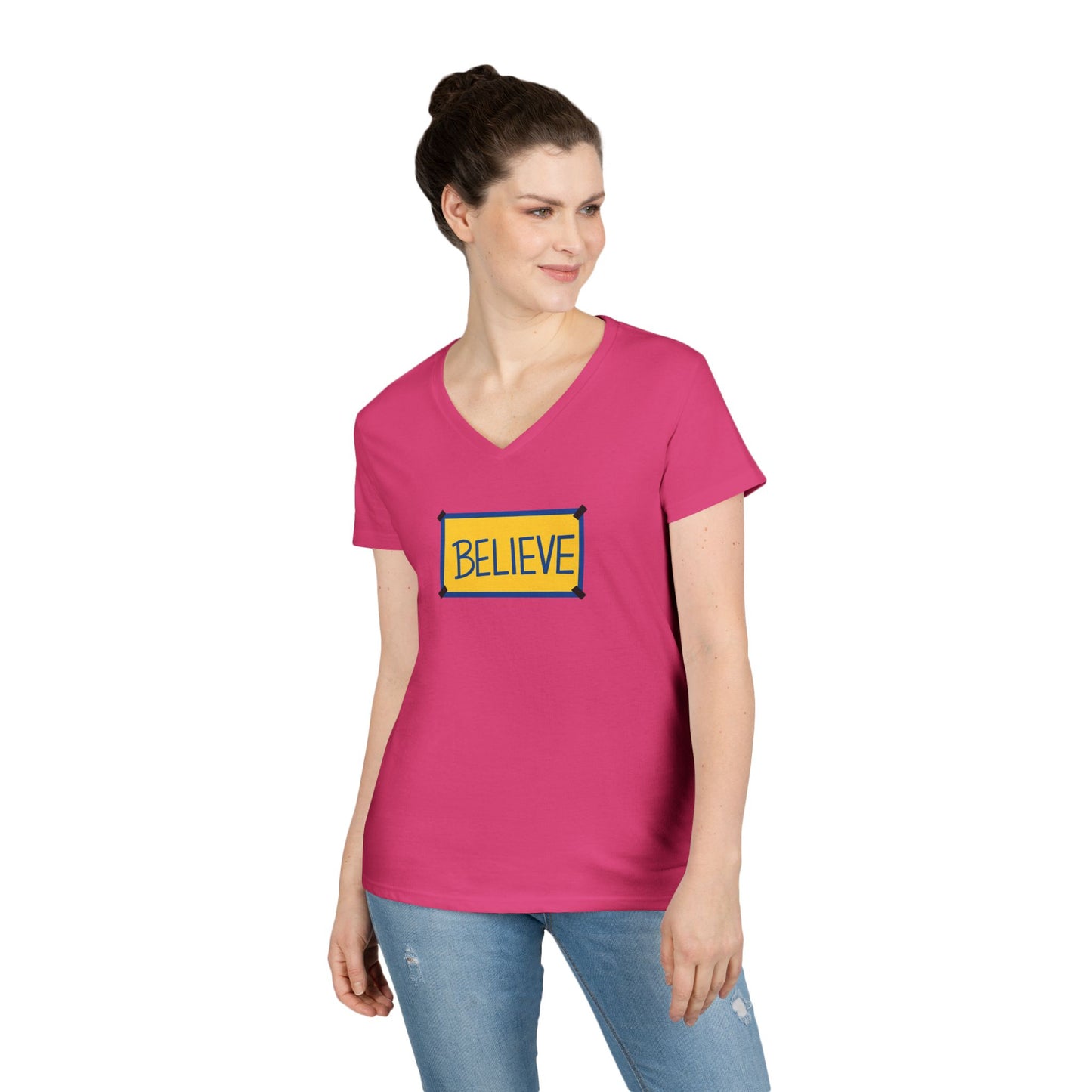Believe Ladies' V-Neck Tee — Inspirational Graphic T-Shirt for Women (Social Worker/Mental Health)