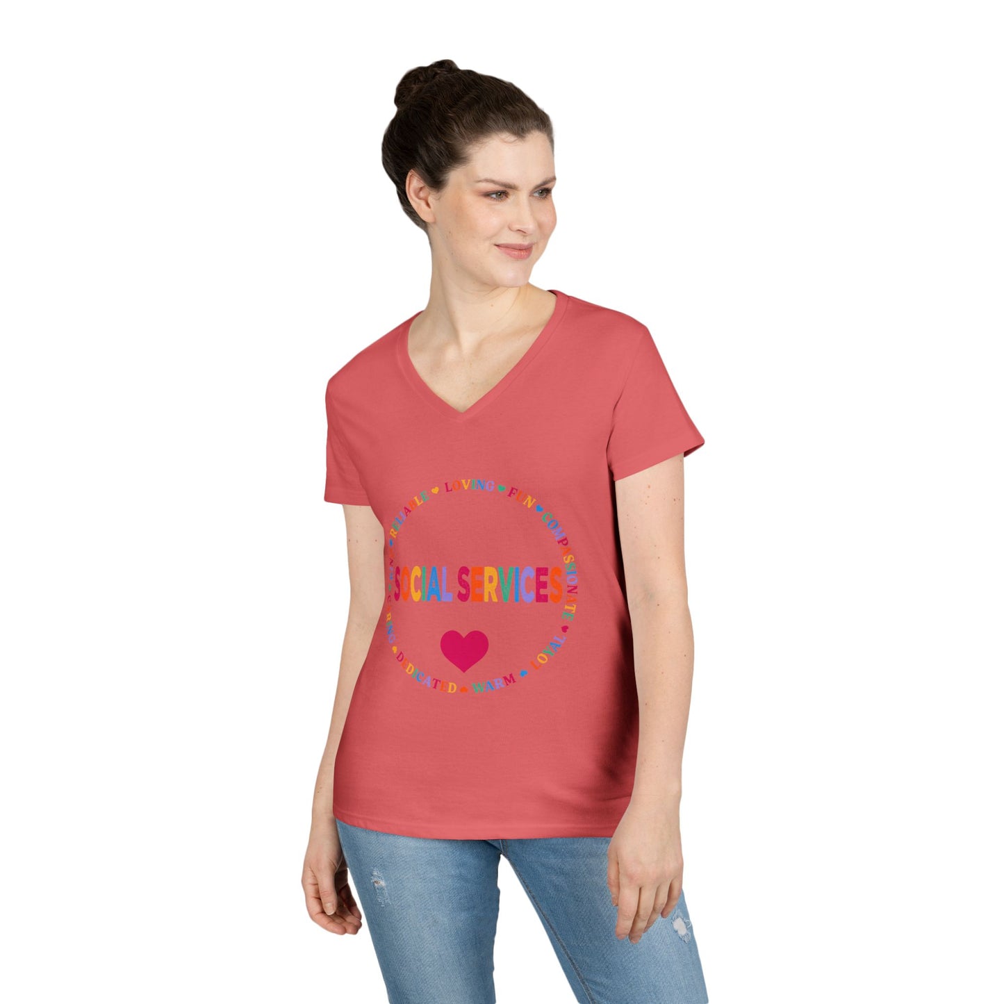 Social Services Rainbow Heart V-Neck Tee — Caring Social Worker Shirt