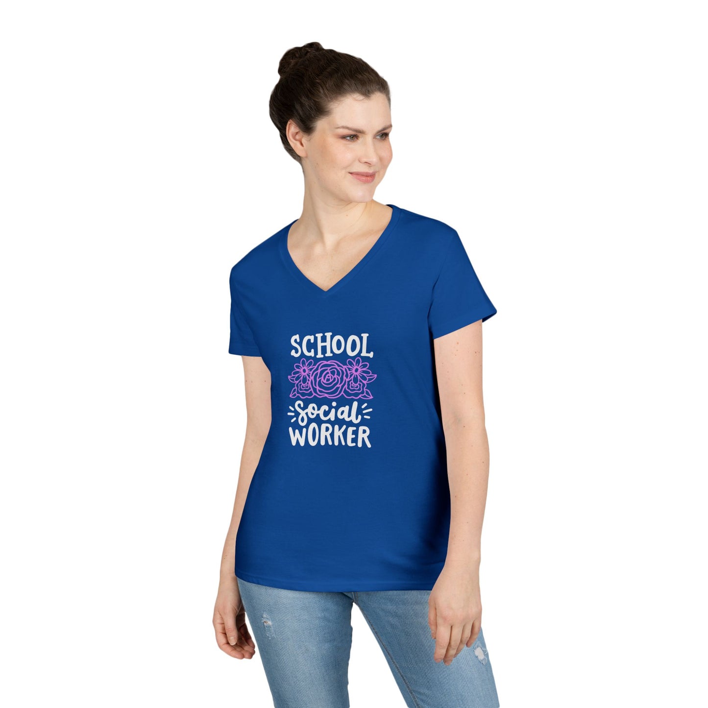 School Social Worker Ladies' V-Neck T-Shirt — Pink Floral Appreciation Gift