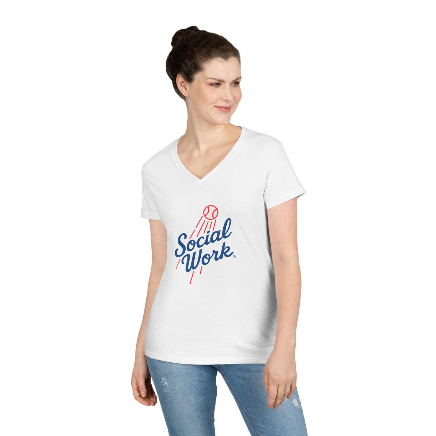 Social Work Baseball V-Neck Tee — Retro 'Social Work' LAD Baseball Script Shirt for Women