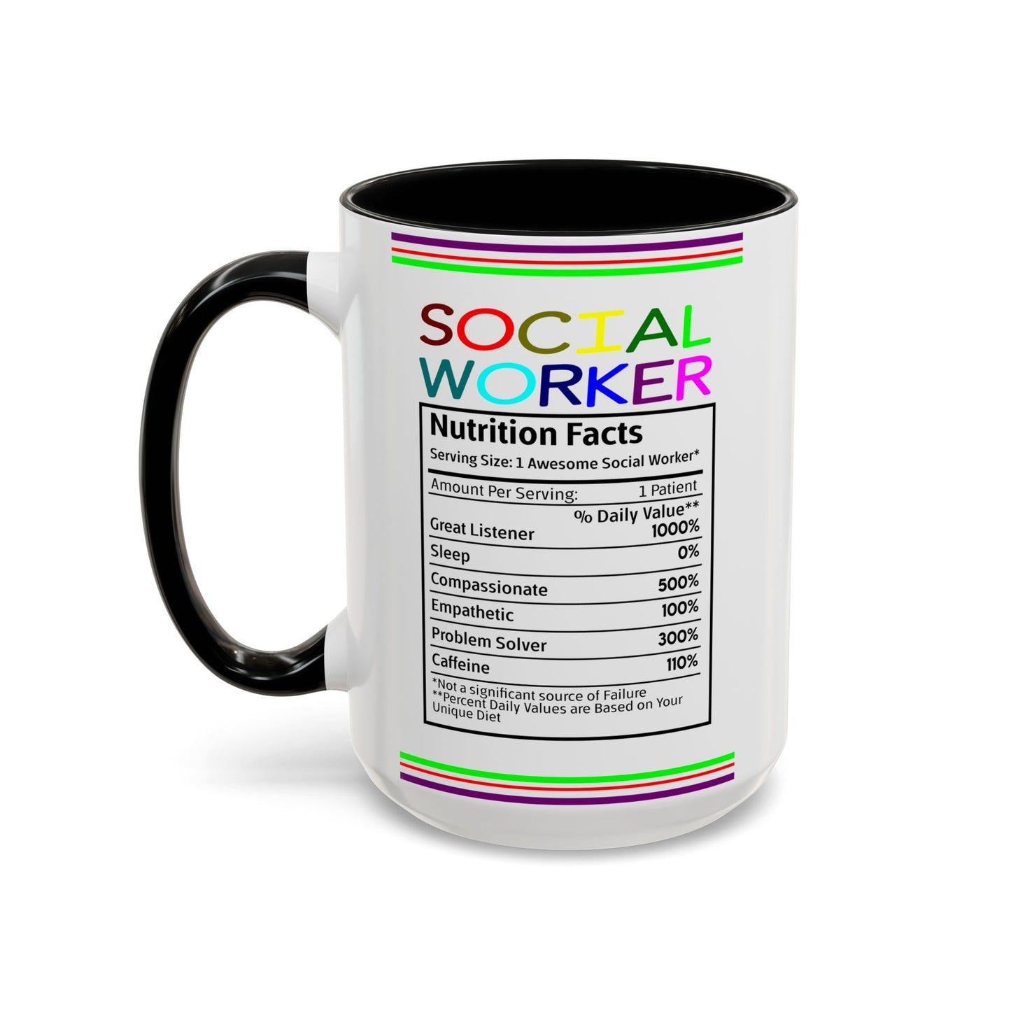 Social Worker Coffee Mug — Colorful Accent Mug with ‘Social Worker Ingredients’ Text (15oz)