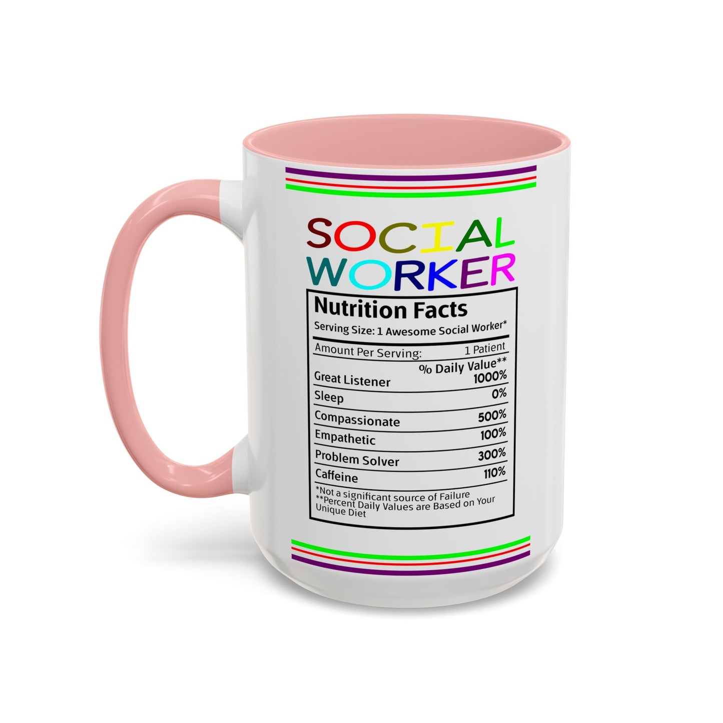 Social Worker Coffee Mug — Colorful Accent Mug with ‘Social Worker Ingredients’ Text (15oz)