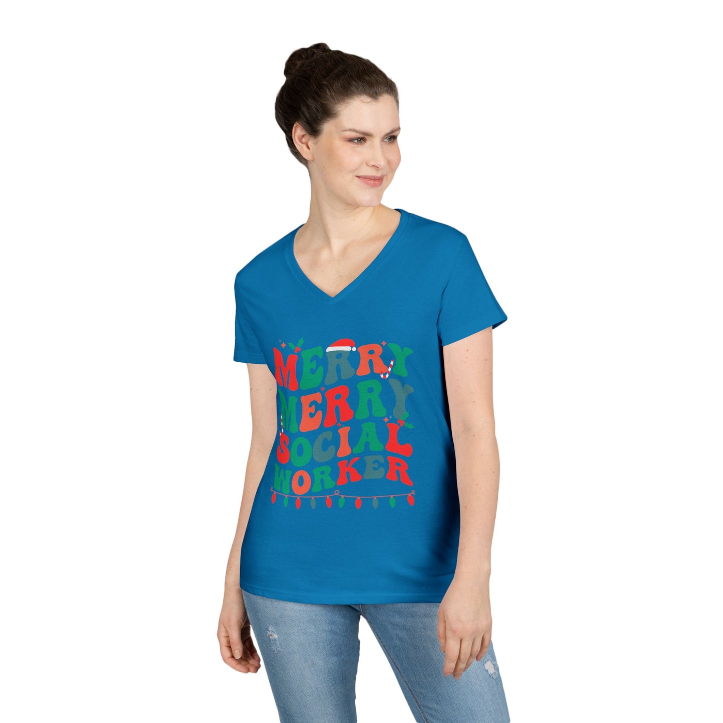 Merry Merry Social Worker V-Neck Tee — Holiday Christmas Shirt for Social Workers