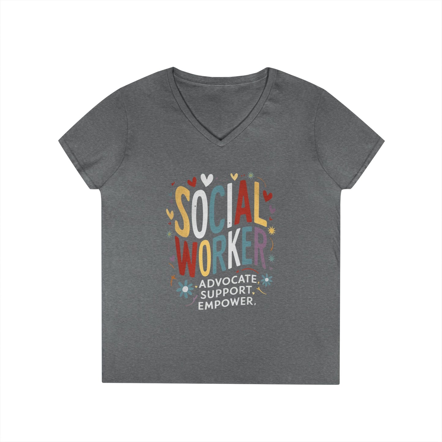 Social Worker V-Neck Tee — "Social Worker: Advocate. Support. Empower."