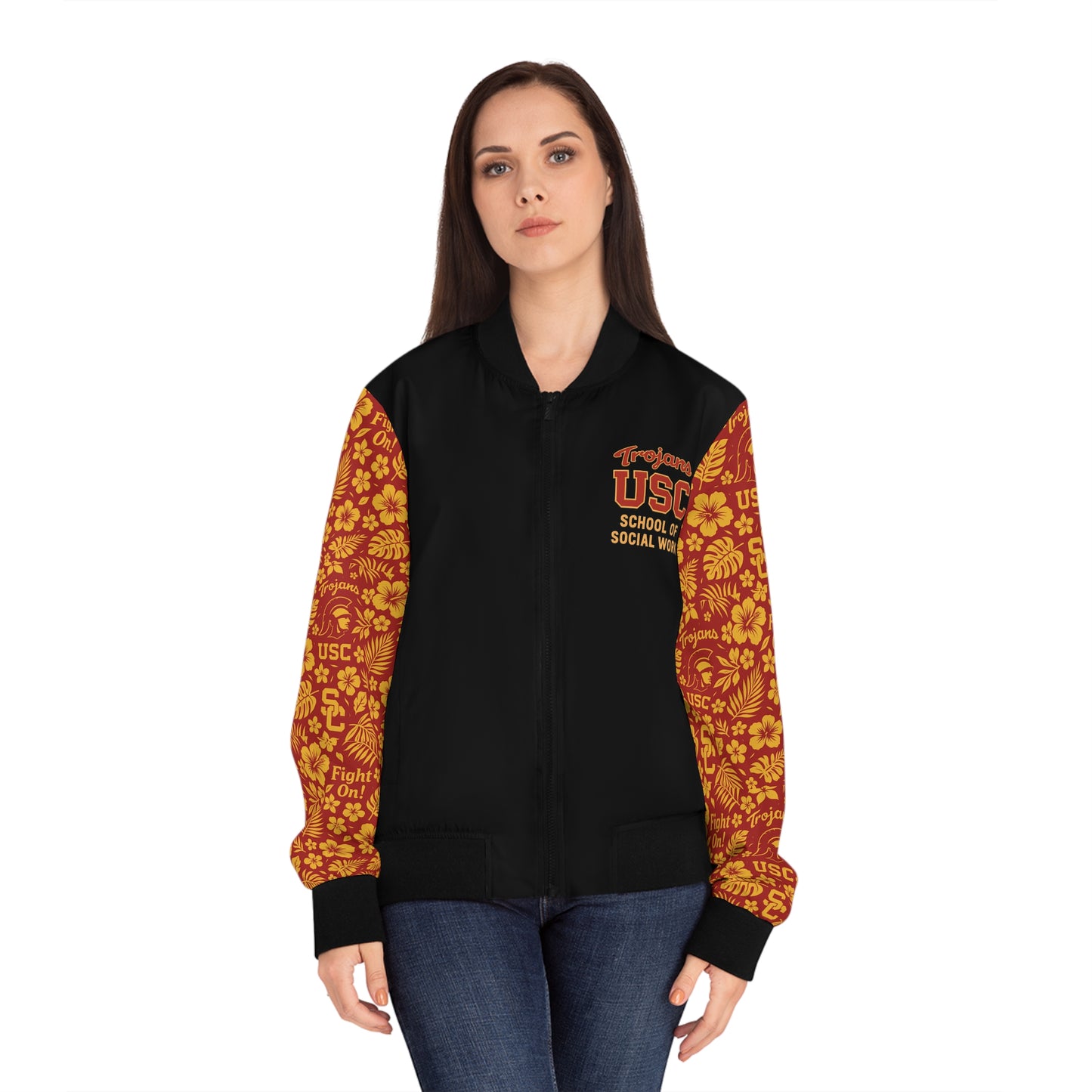 USC School of Social Work - Hawaiian Bomber Jacket (Black with Cardinal Red Sleeves)