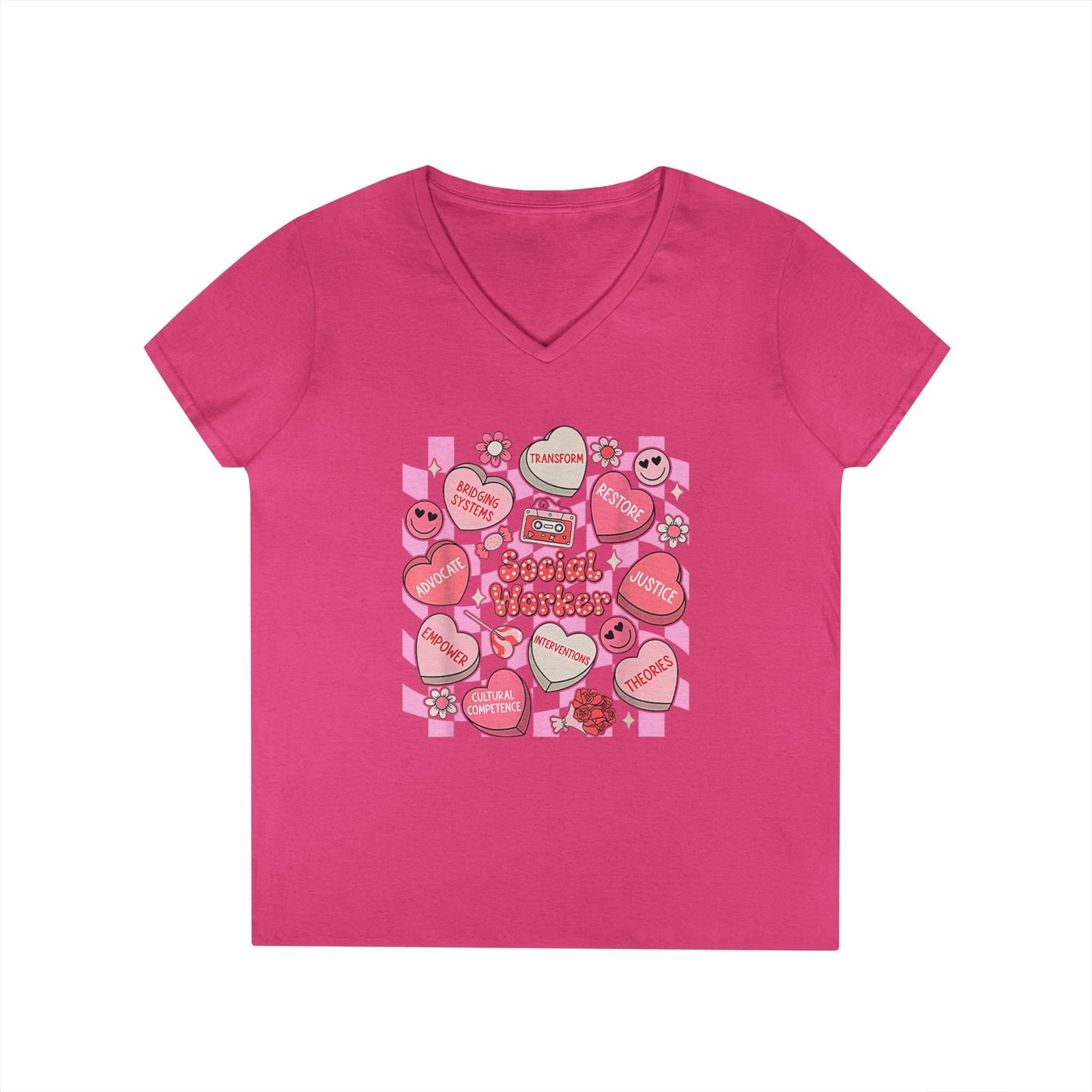 Valentine Candy Hearts Ladies' V-Neck T-Shirt — Sweetheart Messages Graphic Tee - Social Worker