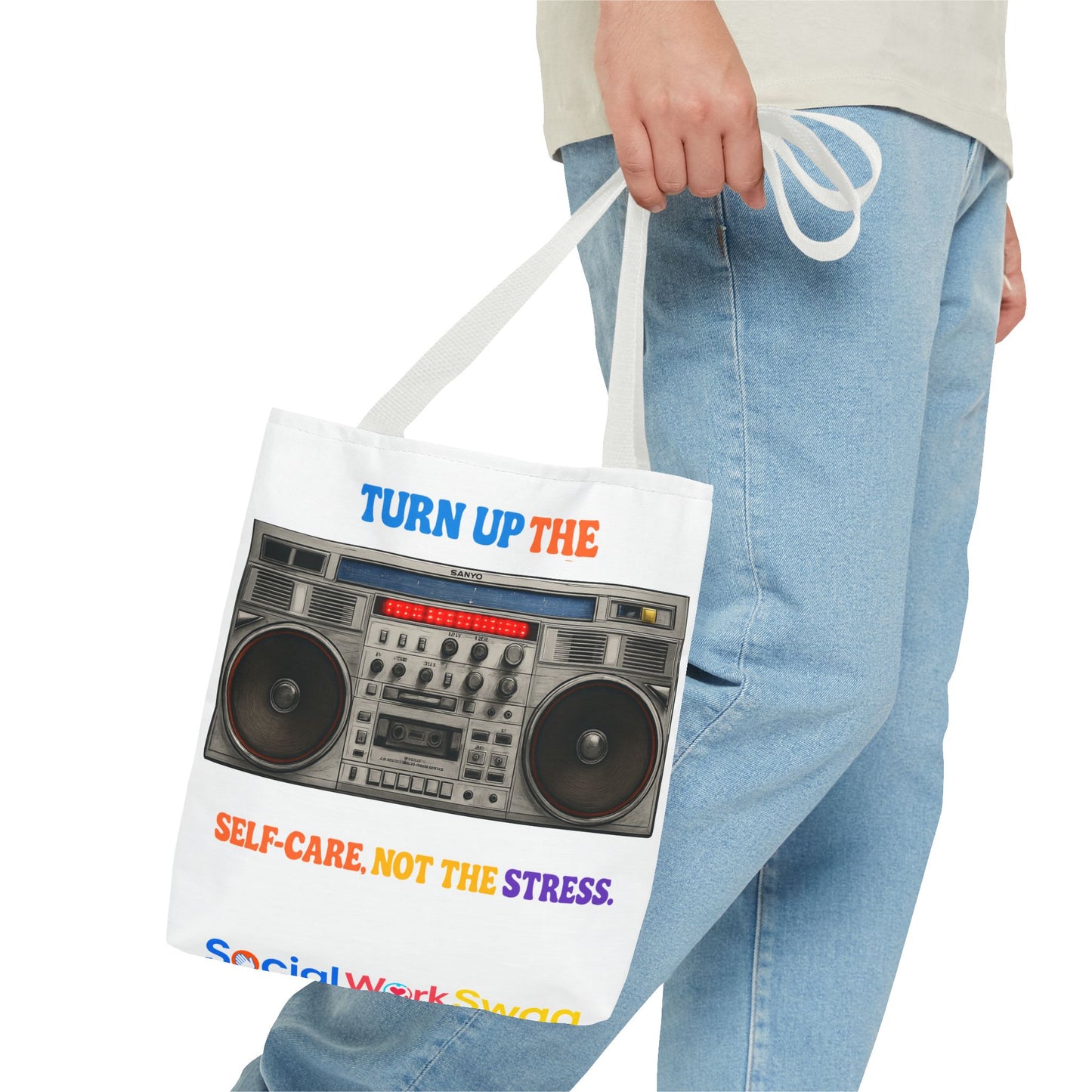 Turn Up the Self-Care Tote Bag — Retro Boombox 'Self-Care, Not the Stress' (Mental Health/Social Worker)